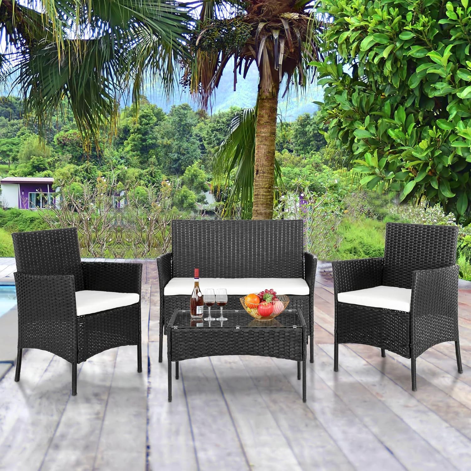 Salon de Jardin Exterieur en Résine ressée - 2 canapés Simples, 1 canapé Double et 1 Table Basse, Coussins Inclus, Salon de Jardin pour Amenagement Balcon Terrasse Veranda (Noir)
