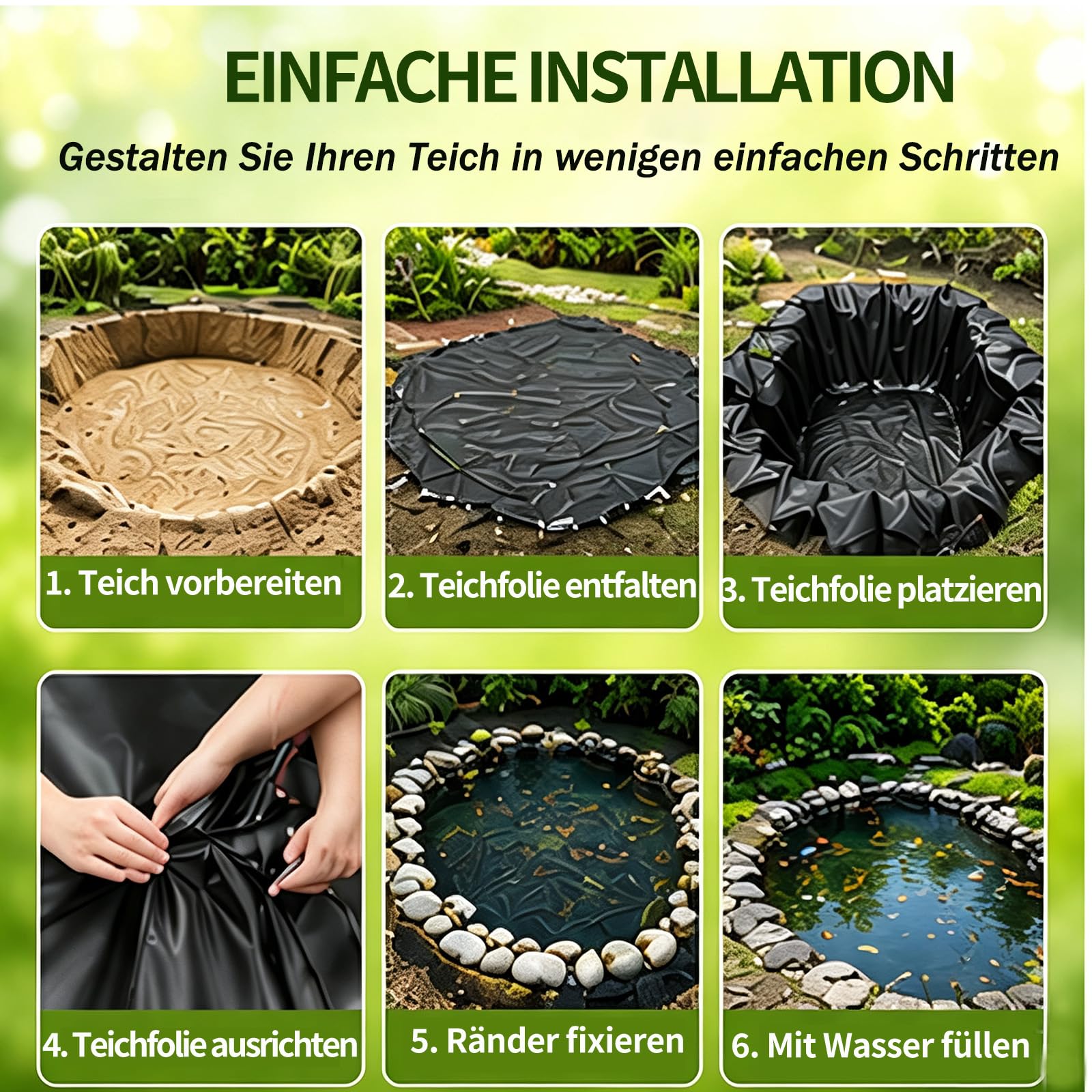 Premium PVC Teichfolie schwarz,HDPE Folie,Schwimmteich Folie Gartenteich | Flexibel Teichfolien Scheibe,Wasserdicht Und Leckdest,Langlebig,Uv-Und Witterungsbeständig Für Teich In Verschiedenen Größen