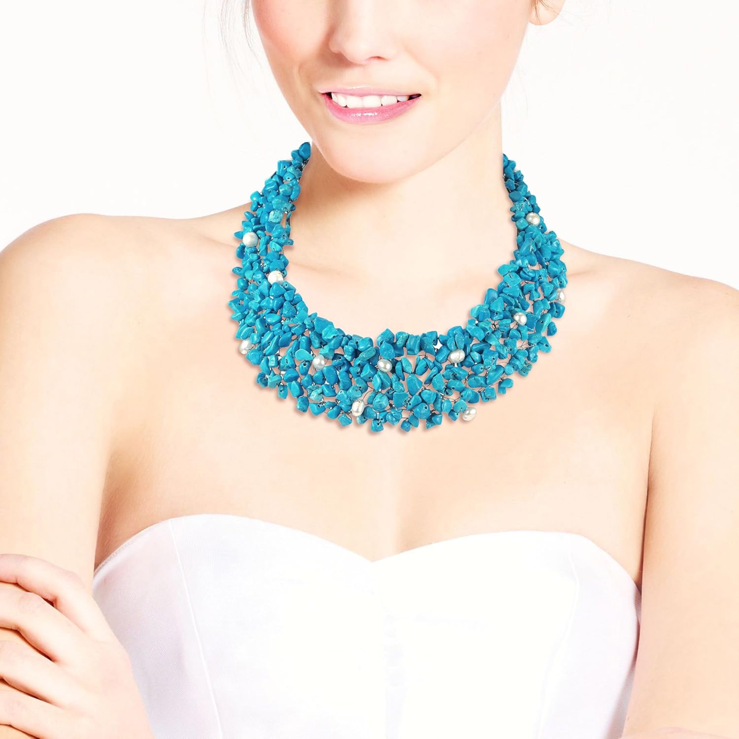 AeraVida Blue Cascades Simulated Turquoise-Cultured Freshwater Pearl Medley Bib Necklace | Waterfall Statement Necklace for Women