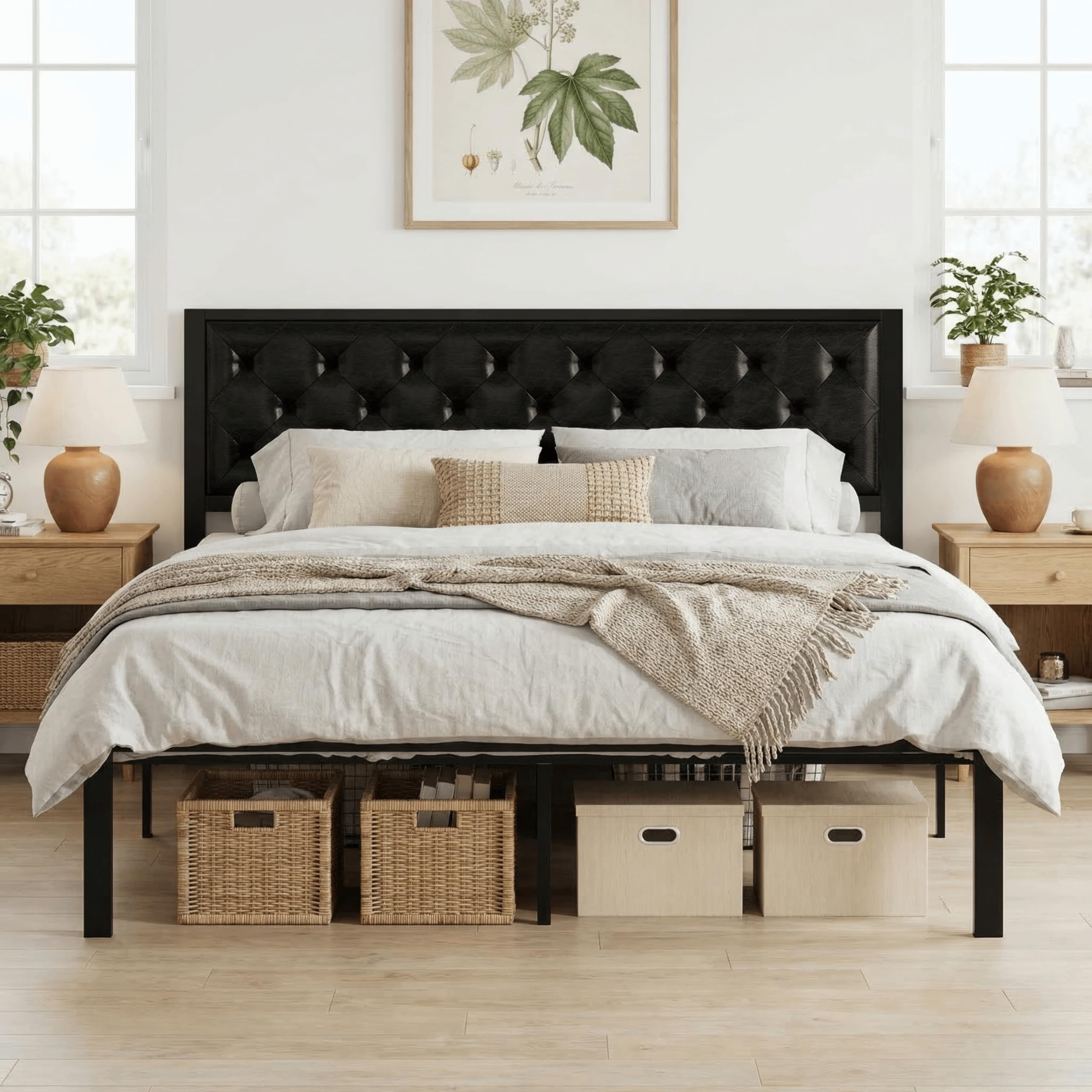 SHA CERLIN King Size Metal Platform Bed Frame PU Leather Upholstered Button Tufted Headboard Mattress Foundation with 12