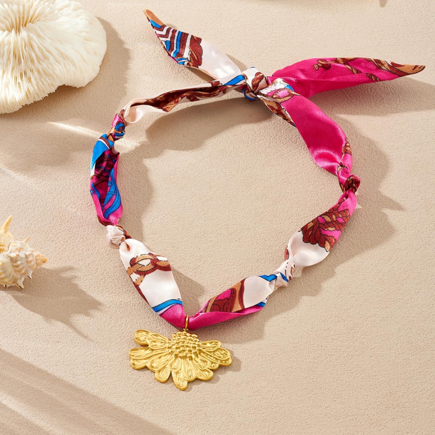 Scarf Necklace with Charm for Women, Gold Boho Western Pink Red Blue Green Silk Bandana Stainless Steel Bow Flower Heart Charm Choker Necklaces Trendy Vintage Handmade DIY Jewelry Gift - Image 6