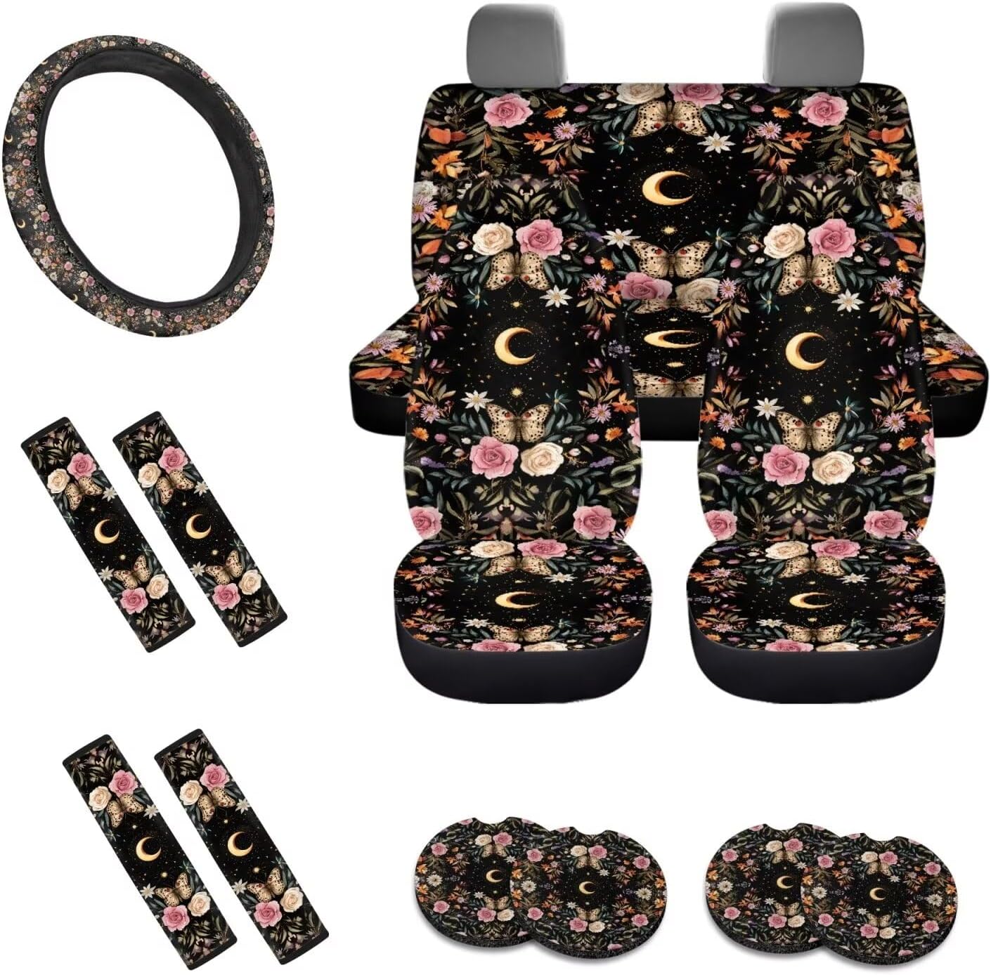 Butterfly Moon Rose Pattern Car Accessories Pack of 13, Comfortable Car Seat Covers Full Set, Steering Wheel Cover and Seat Belt Protector, Coasters with Finger Notch for Women and Men