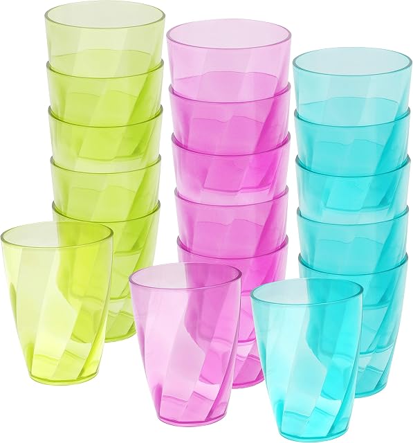 BELLE VOUS 18 Pack Plastic Coloured Cups - 400ml/13.5oz Reusable Drinking Tumblers in 3 Colours - Hard Plastic Drinkware Set for Parties, Camping, BBQs, Picnics & Beach - Dishwasher Safe & BPA Free