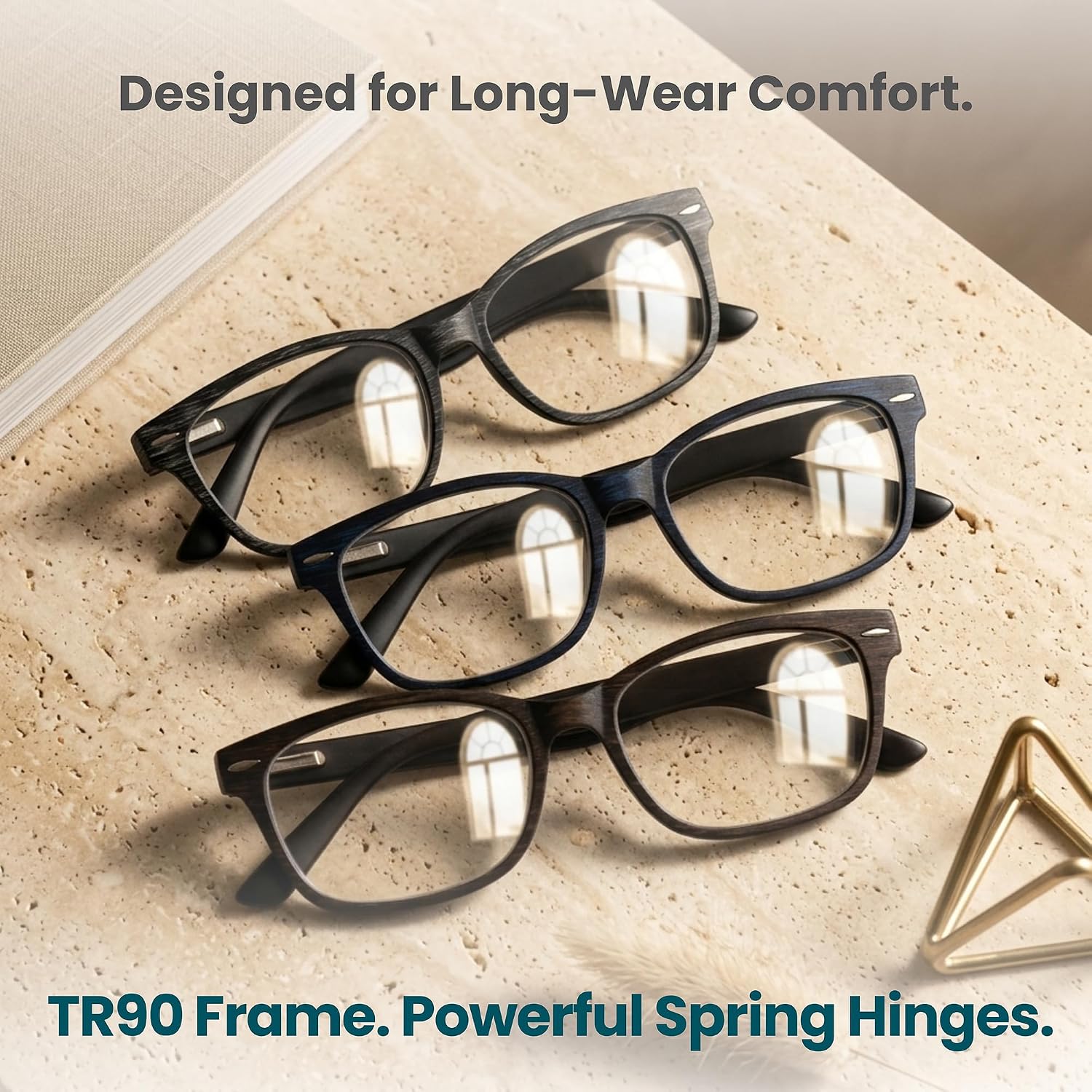 2SeeLife 3-Pack Wood Tone TR-90 Reading Glasses for Men – Medium-Wide Fit, Durable & Sturdy Frame, Spring Hinges, Premium Readers, Blue, Brown, Gray, +2.25