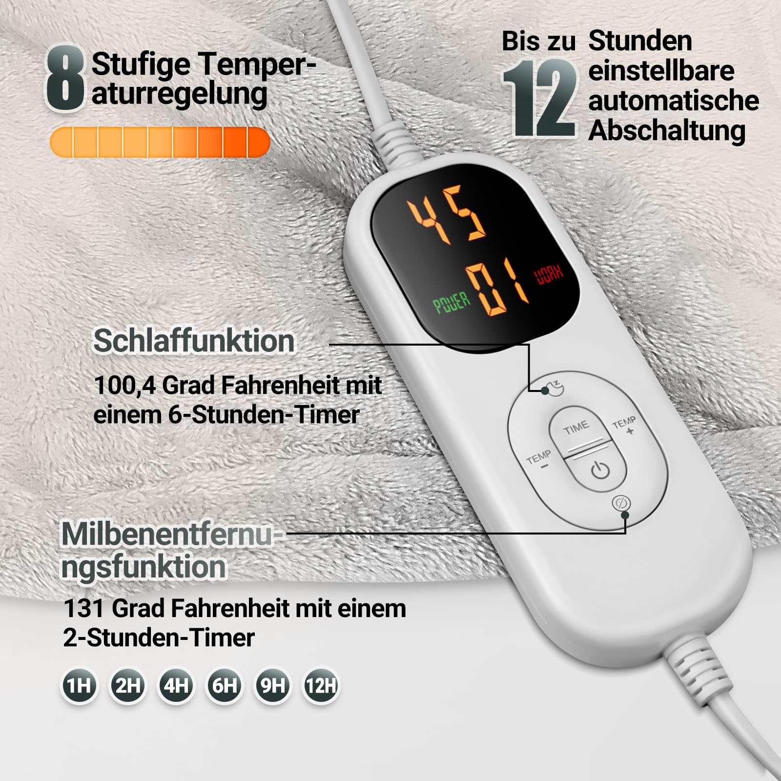 Charmofun Heizdecke mit Abschaltautomatik, 130x180CM Elektrische Wärmedecke, 8 Heizstufen, 12 Stunden Auto-Off-Timer, Maschinenwaschbar, Wärme doppel-Decke Flanell für Bett Sofa Büro