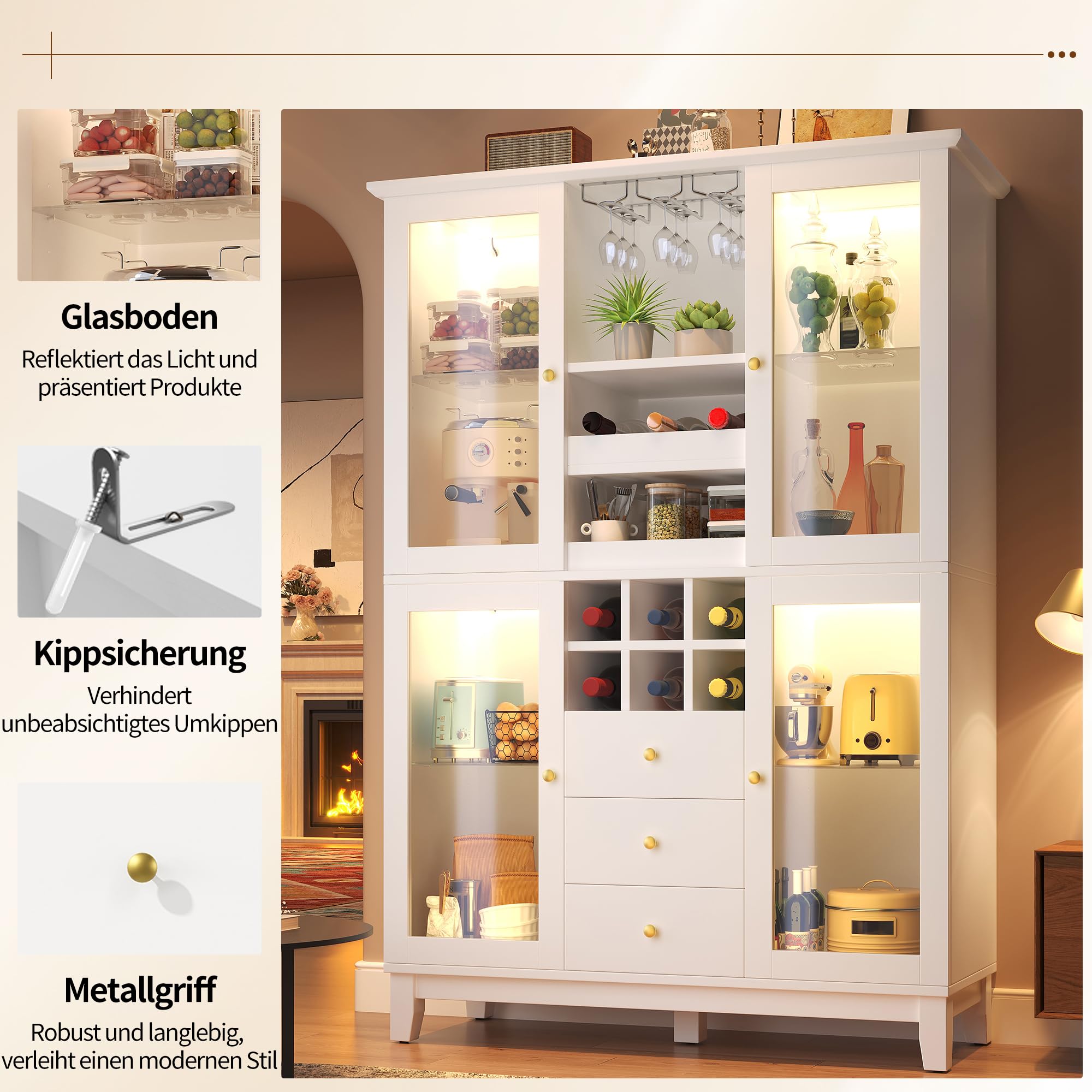 Armadietto da cucina con portabottiglie e portabottiglie, armadietto da vino con 3 cassetti, armadio alto da cucina con illuminazione a LED, armadietto per cucina, sala da pranzo, soggiorno