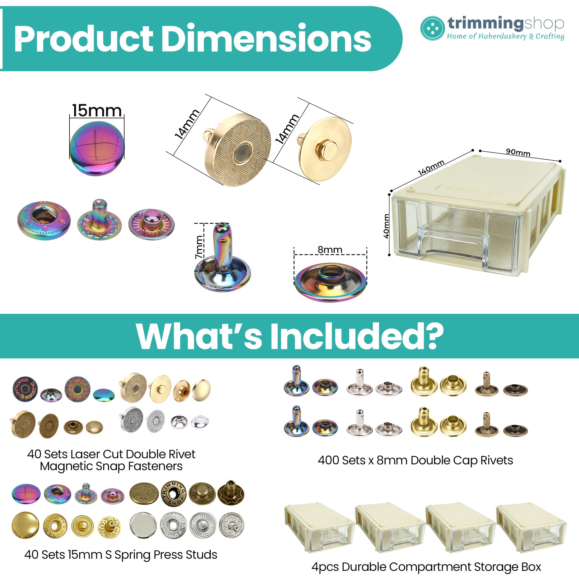 Trimming Shop Kit de cierre de cuero para manualidades, remaches tubulares de doble tapa de 8 mm, pernos de resorte en S de 15 mm, cierres magnéticos de 14 mm y caja de almacenamiento apilable para