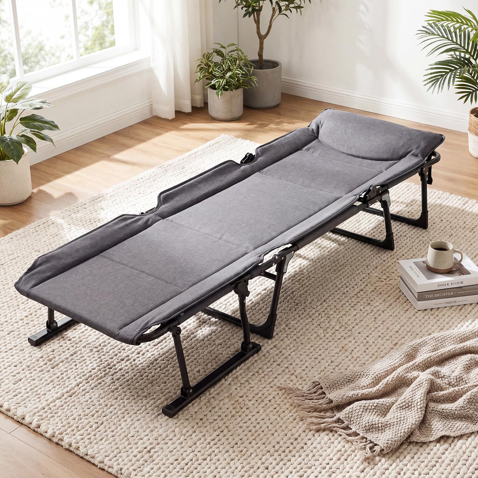 KOMFOTTEU 3-in-1 Campingbett, zusammenklappbar, Einzelbett, Liegesessel mit 6-fach verstellbarer Rückenlehne, Kopfstütze und Kissen, gepolsterte Sonnenliege für den Garten