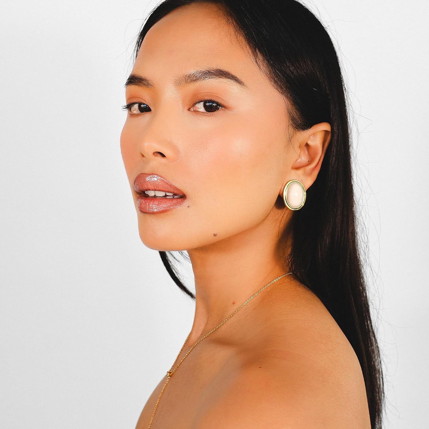 Layered Maeve 18k Gold Plated Clip-On Earrings for Women – Large Oval Natural Cream Opal Statement Studs – Non-Pierced Vintage Style Jewelry