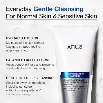 ANUA Hydrating Gentle Foaming Cleanser, Daily Face Wash for Double Cleansing, Hyaluronic Acid, Zinc, Panthenol, for Dry & Sensitive Skin, Sebum Balance Facial Cleanser, Korean Skincare, 5.07 fl. oz