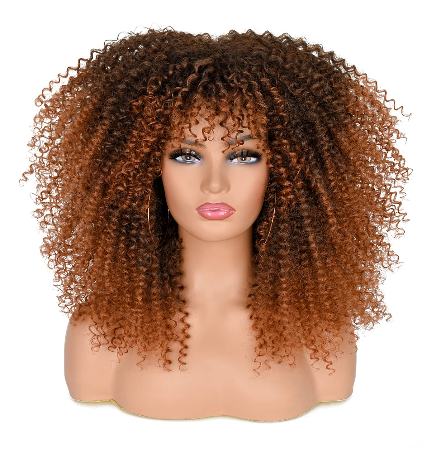 ISAMY Long Curly Wigs for Black Women Afro Bomb Curly Wig with Bangs Synthetic Fiber Glueless Long Afro Kinky Curly Hair (T1B-30)