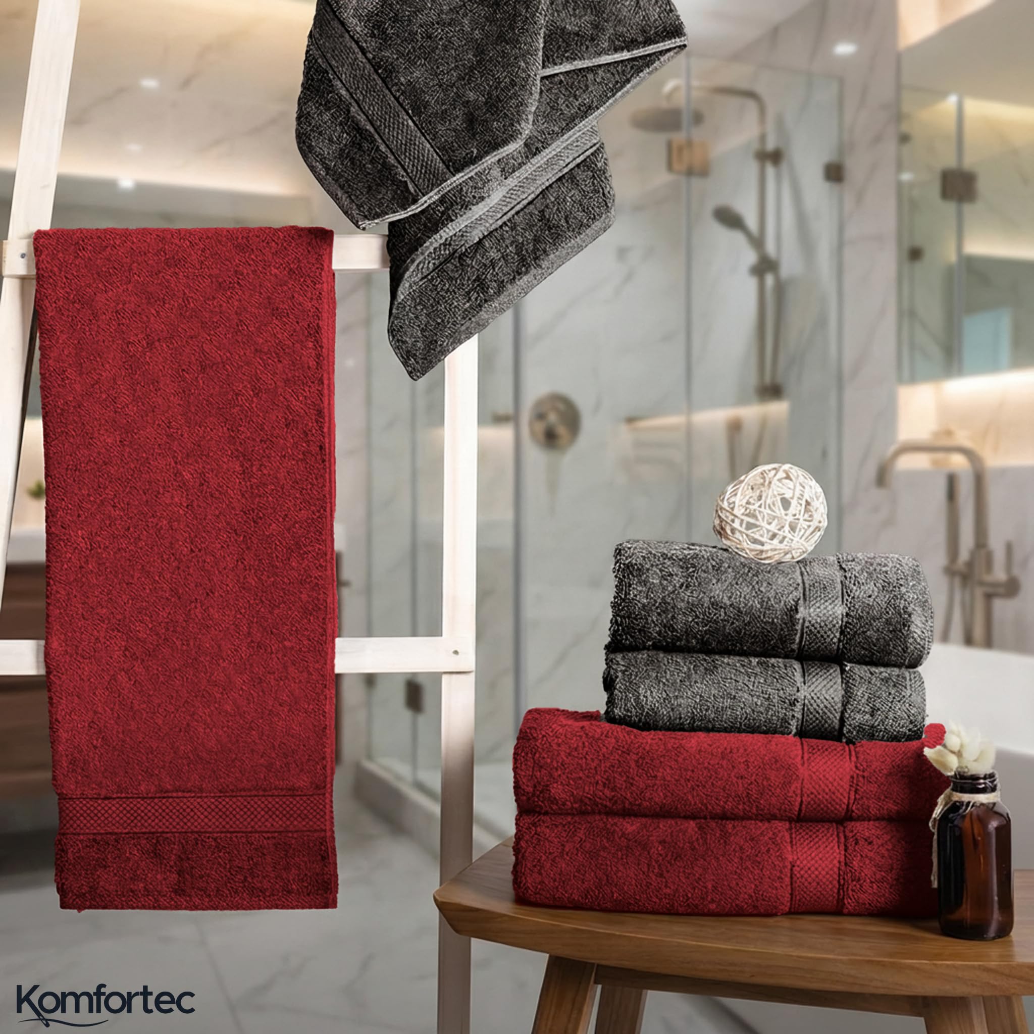 Komfortec 8er Handtücher Set, 4 Badetücher 70x140 cm & 4 Handtücher 50x100 cm, 100% Baumwolle Frottee, Flauschig und Saugstark,Schwarz/Aurorarot