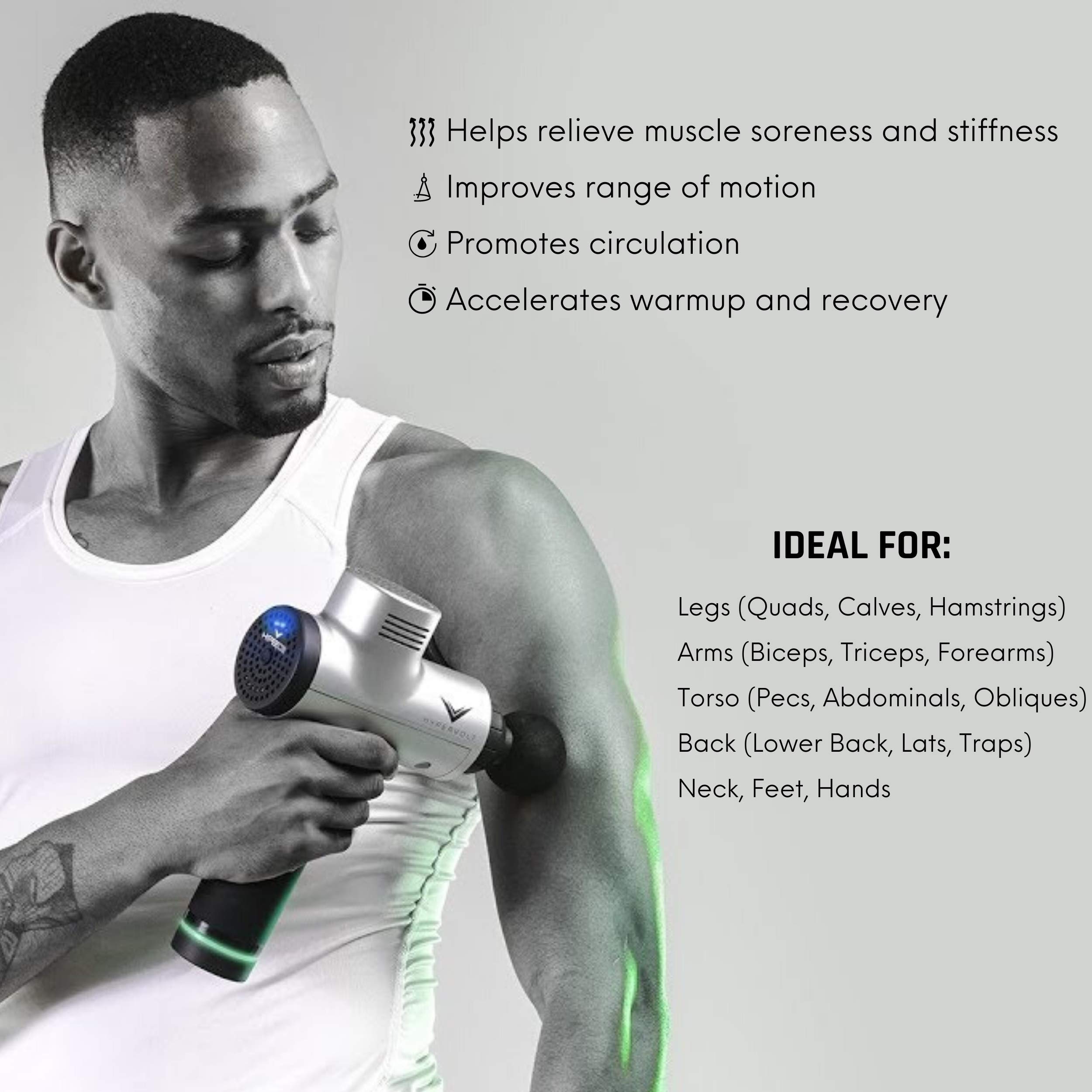 Hyperice Hypervolt Appareil de massage avec glide calme, pour la percussion des mains, 3 niveaux de vitesse, 5 têtes interchangeables