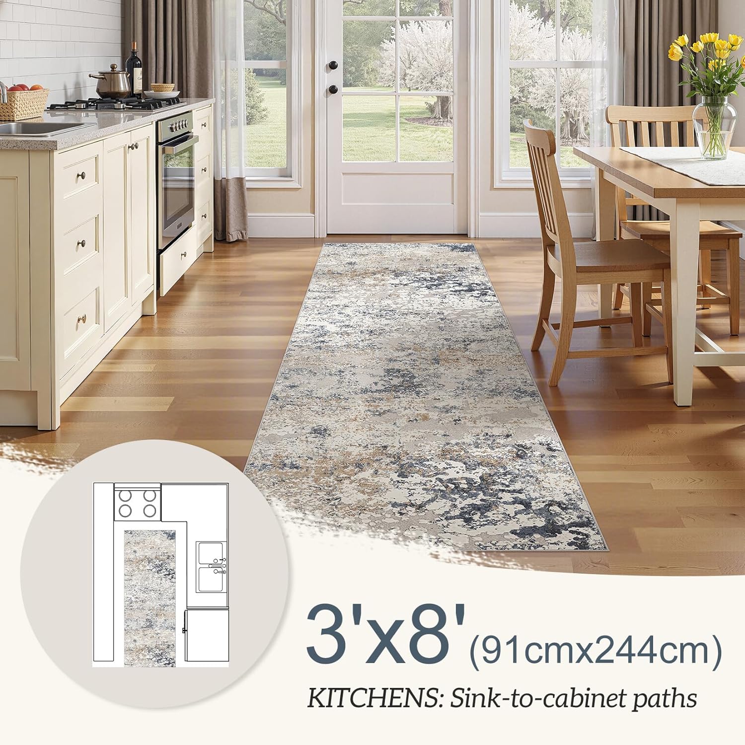 Washable Runner Rug for Hallway: 3x8 Neutral Modern Abstract Low Pile Area Rug with Non-Slip Backing - Carpet for Bedroom Kitchen Laundry Entryway Bathroom Indoor - Beige Blue