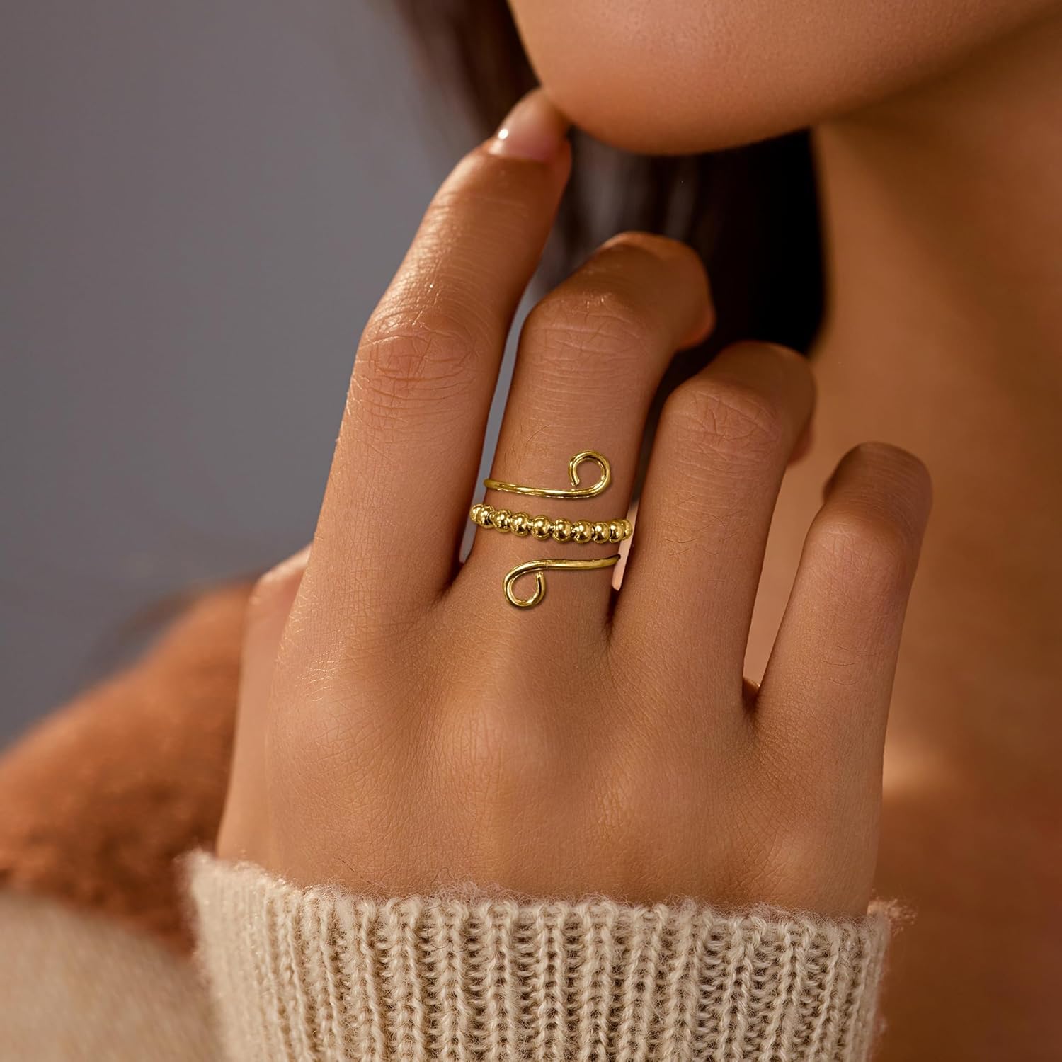 LOVECOM 14K Gold Plated Filled Fidget Rings With Opal S925 Sterling Silver Adjustable Open Anxiety Ring for Women Cute Stress Relieving Spinner Ring With Beads Mothers Day Jewelry Gifts for Mom