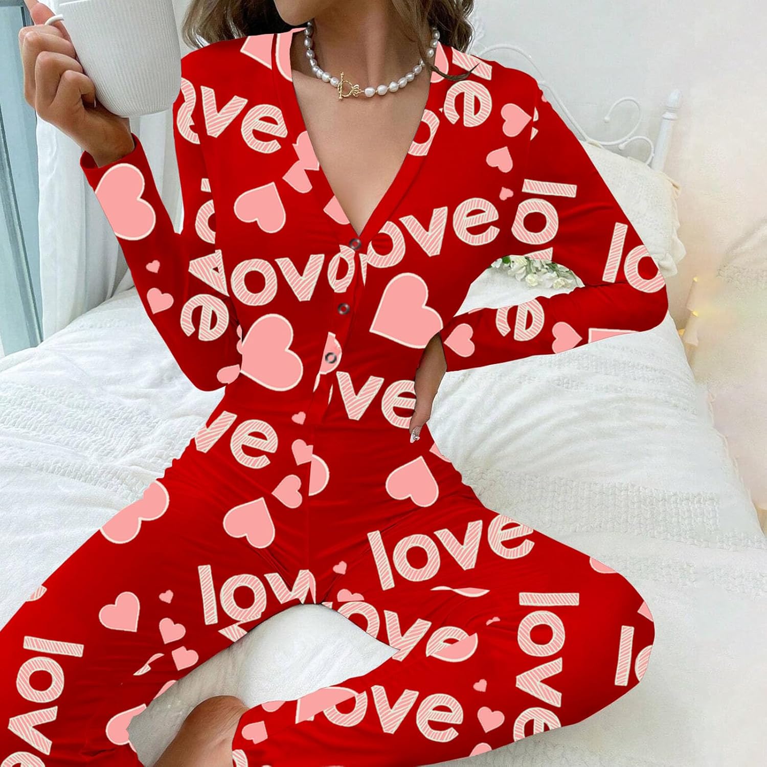 Women Heart Print Jumpsuit Pajamas Long Sleeve V Neck Bodycon Bodysuit Romper Sleepwear One Piece Outfits - Image 4