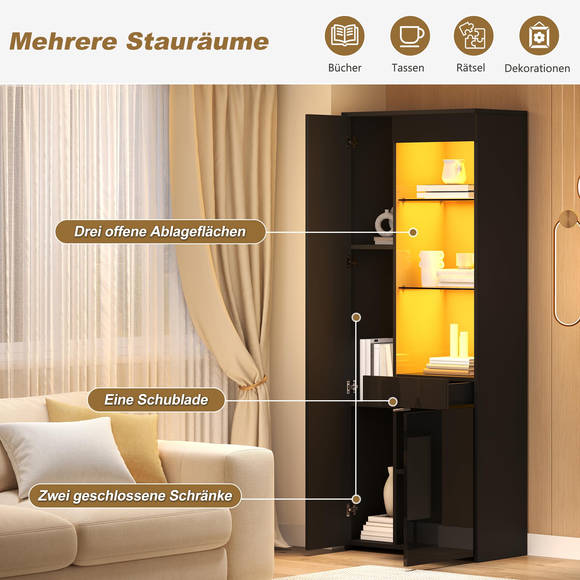 Vitrine Haute avec Tiroirs et Eclairage LED,Meuble Haut Vitré Autoportant,Charge Max 45kg,Rangement pour Salon