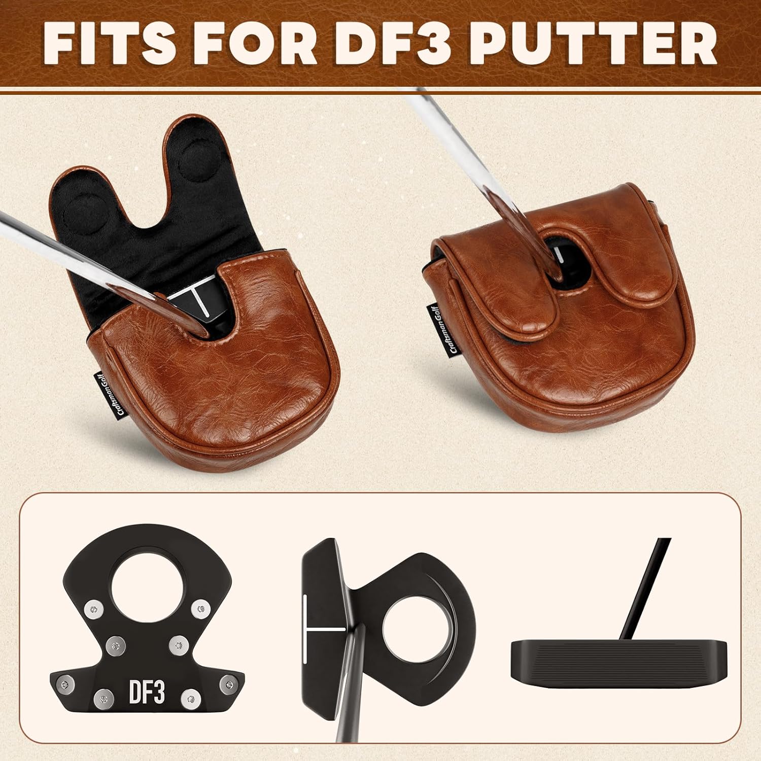 Craftsman Golf Premium Leather Brown Blade Mallet Putter Cover Driver Fairway Wood Headcover Cover Magnetic Closure