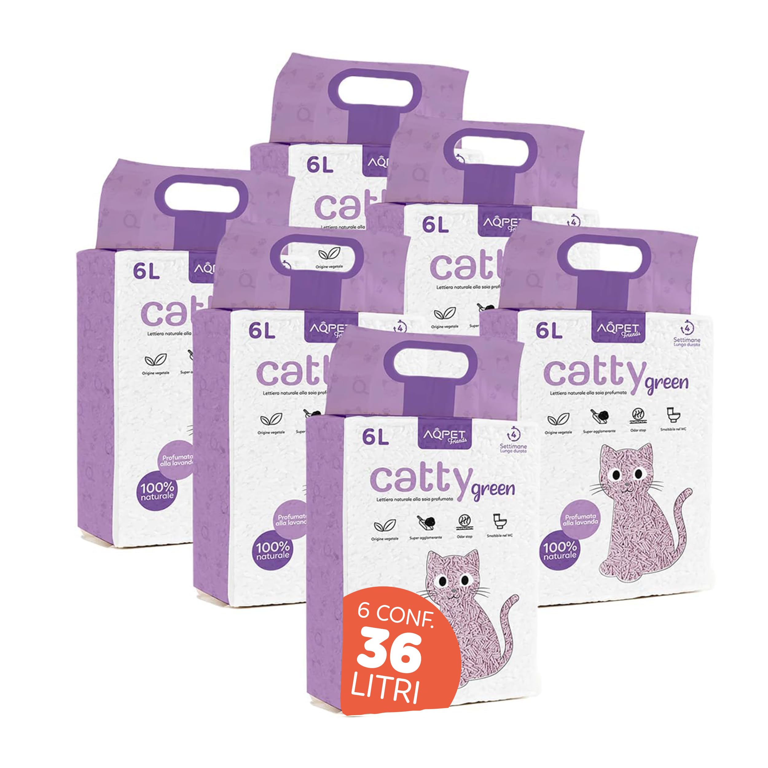 AQPETFRIENDS Lettiera CattyGreen Soia Naturale per Gatti, Agglomerante Vegetale Biodegradabile alla Lavanda, Sabbia Antiodore Smaltibile nel WC, 100% Eco-Friendly, 36 Litri