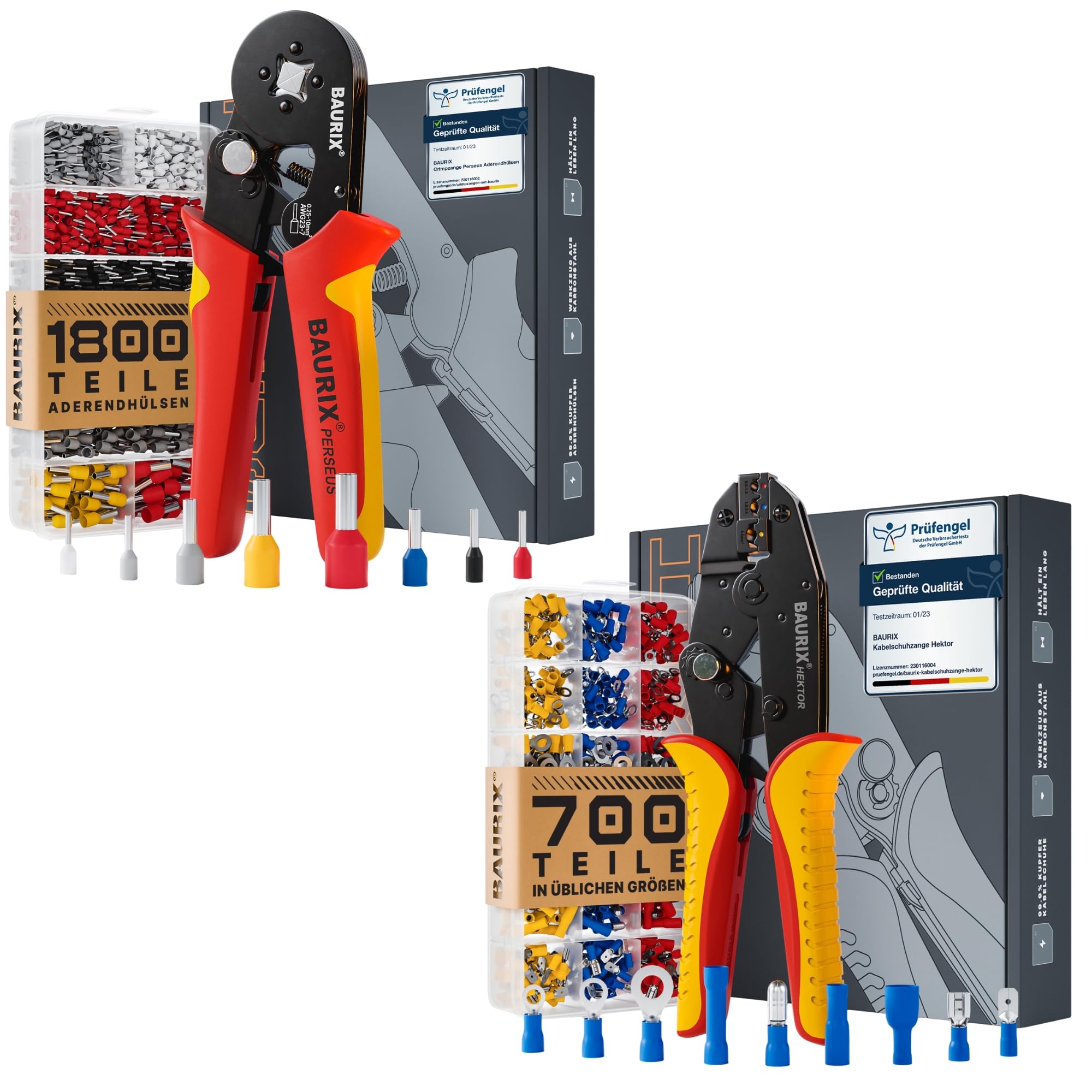 BAURIX® Crimpzangen Set – PERSEUS Aderendhülsenzange 0,25-10mm² mit 1800 Aderendhülsen & HEKTOR Kabelschuh Crimpzange 0,5–6 mm² mit 700 Kabelschuhe