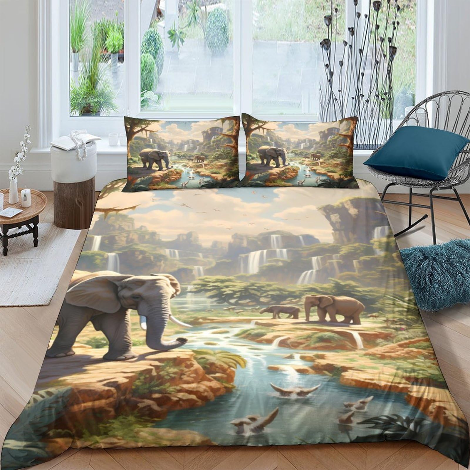 Ctjqhvkz Style-8 3D Printed Elephant Landscape Fitted Sheet Microfiber Soft Breathable River Scene Mattress Cover For Bedroom Guest Room Decor Single（135X200cm）