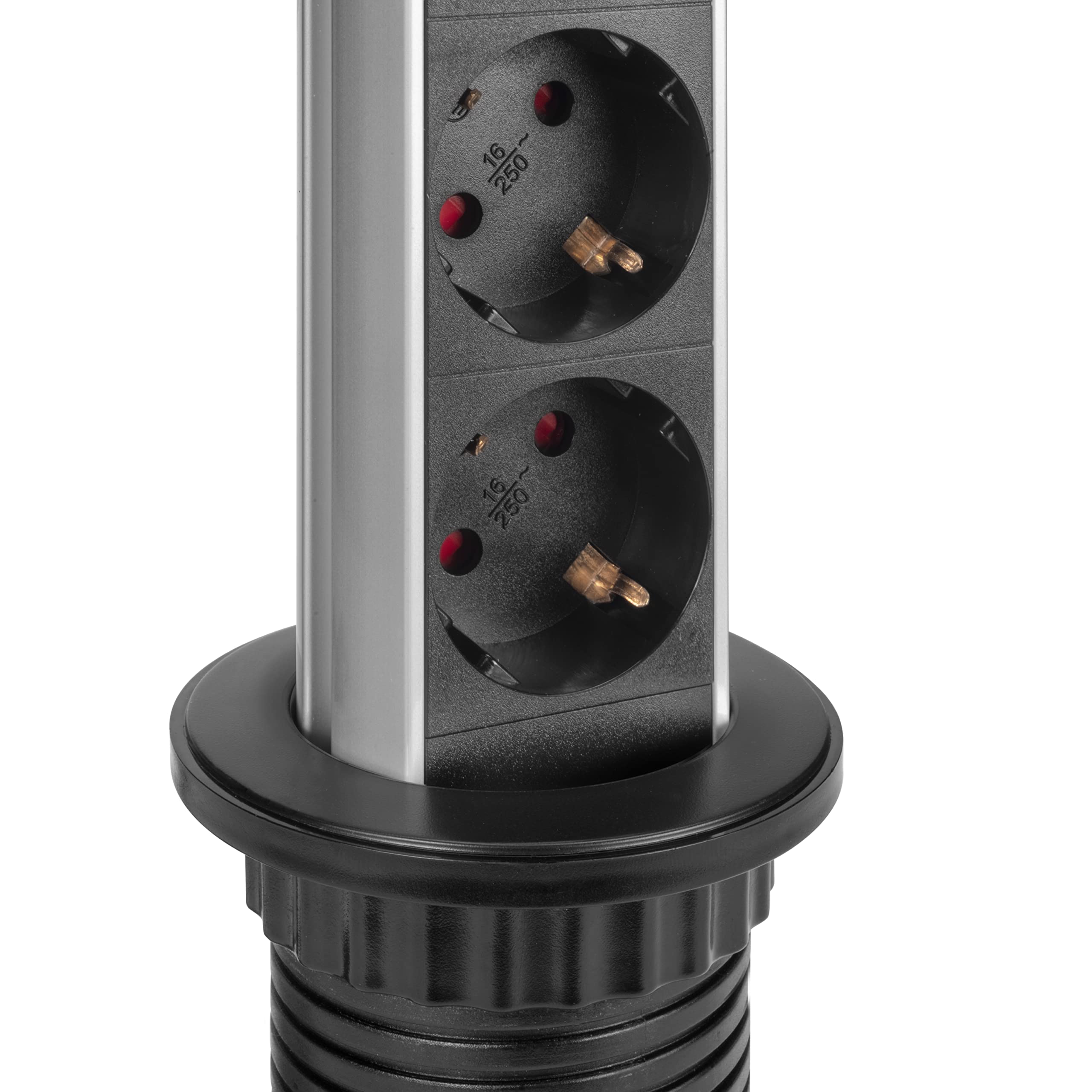 Emuca - Regletas Enchufe encastrable, Regleta multienchufe retráctil, 3 enchufes EU y 2 Puertos USB, Torre de enchufes Vertical empotrable para encimera, Pintado Negro, Plástico y Aluminio
