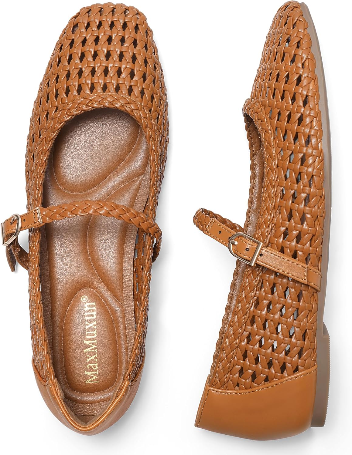 MaxMuxun Ballet Flats for Women Square Toed Mary Jane Flat Comfortable Woven Dressy Shoes