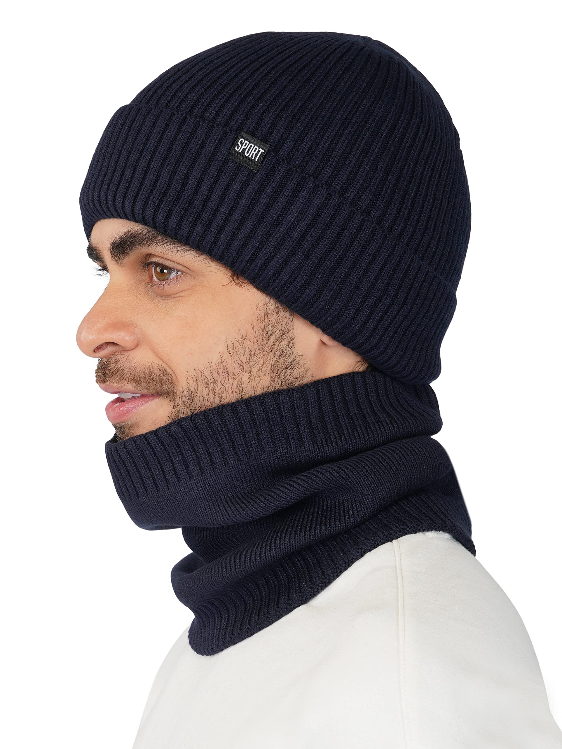 Winter Cap for Men & Women | Snow Proof Woolen Inside Fur Unisex Beanie Cap with Neck Warmer Scarf Set 2 Pieces | Knit Hat Thick Fleece Lined Winter Hat (WC4146, Free Size)-image-31
