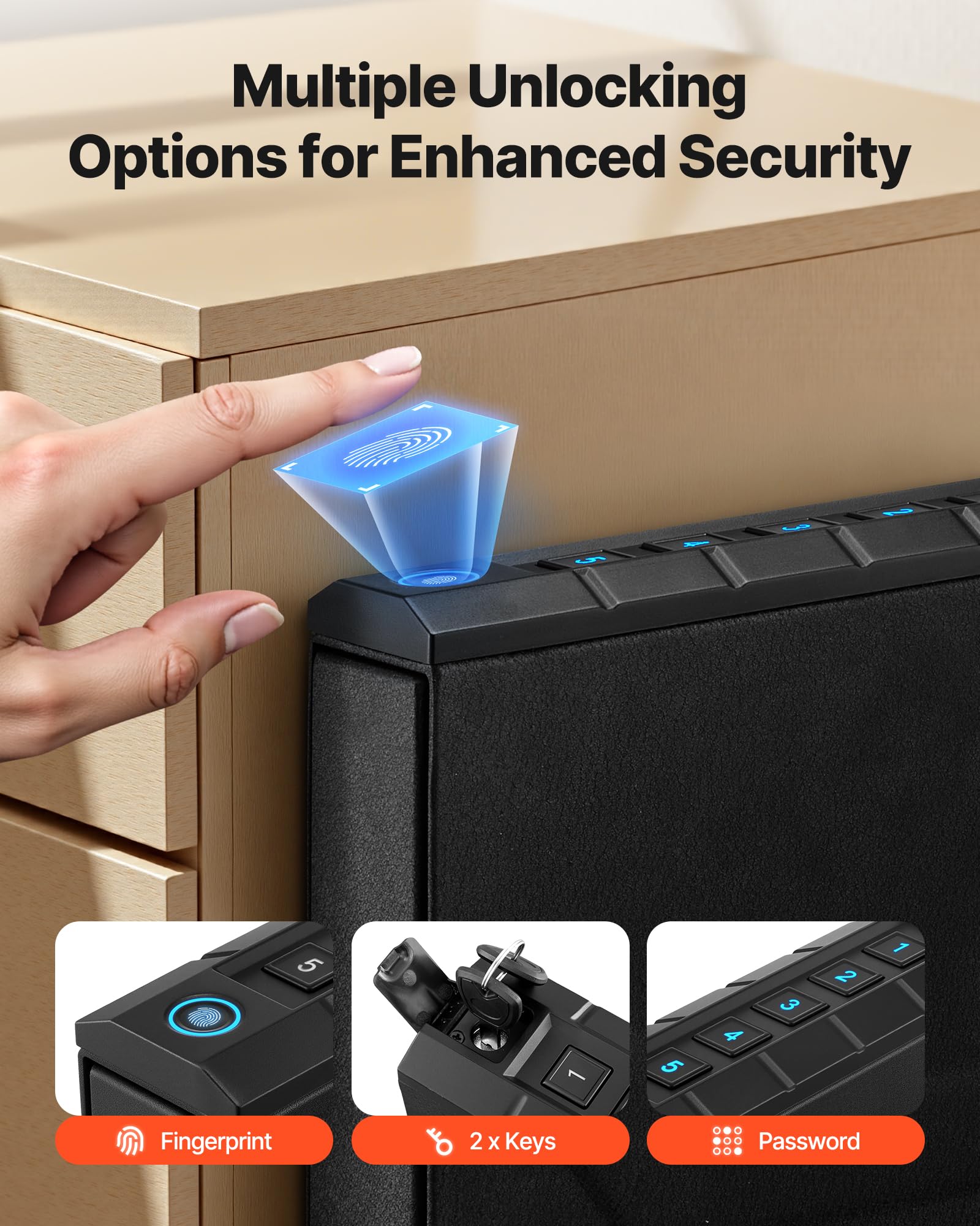 VEVOR Caja Fuerte para Pistolas, Control Deslizante, 3 Formas de Acceso: Huella Dactilar, Contraseña, Llave, Capacidad 1 Pistola 1 Cargador, Negro
