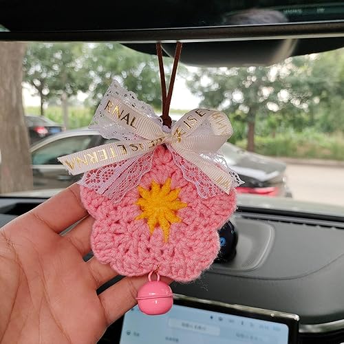 Miniatura 6 de QINGCAR Lindas flores de ganchillo para espejo de coche, accesorios divertidos hechos a mano para el interior del automóvil, adornos decorativos
