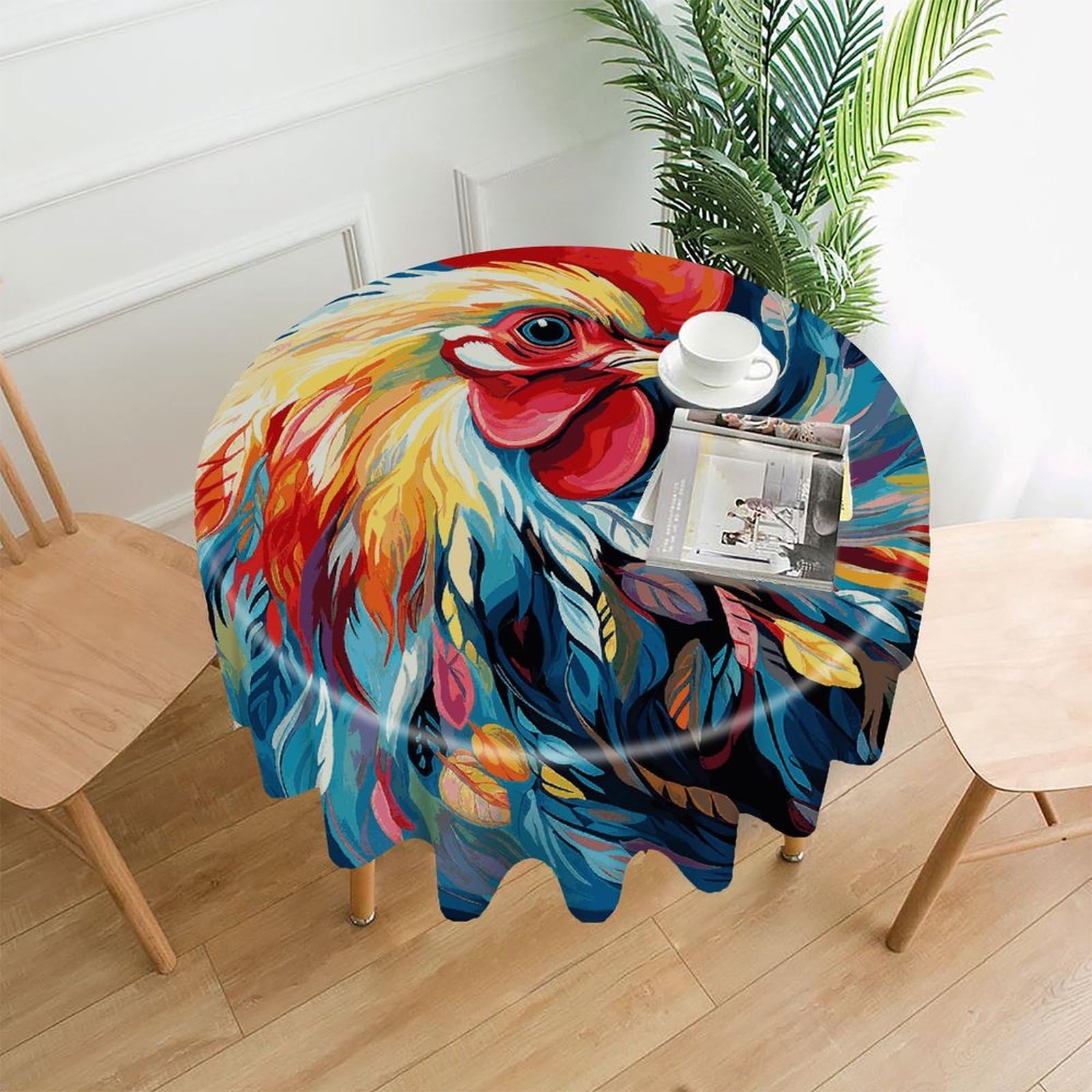 FekiLoot Art Colorful Chicken Round Tablecloth Cover 60 Inch Wrinkle Free Washable Polyester Fabric Table Cover Decorative Round Table Cloth for Home Dining Kitchen Party Farmhouse
