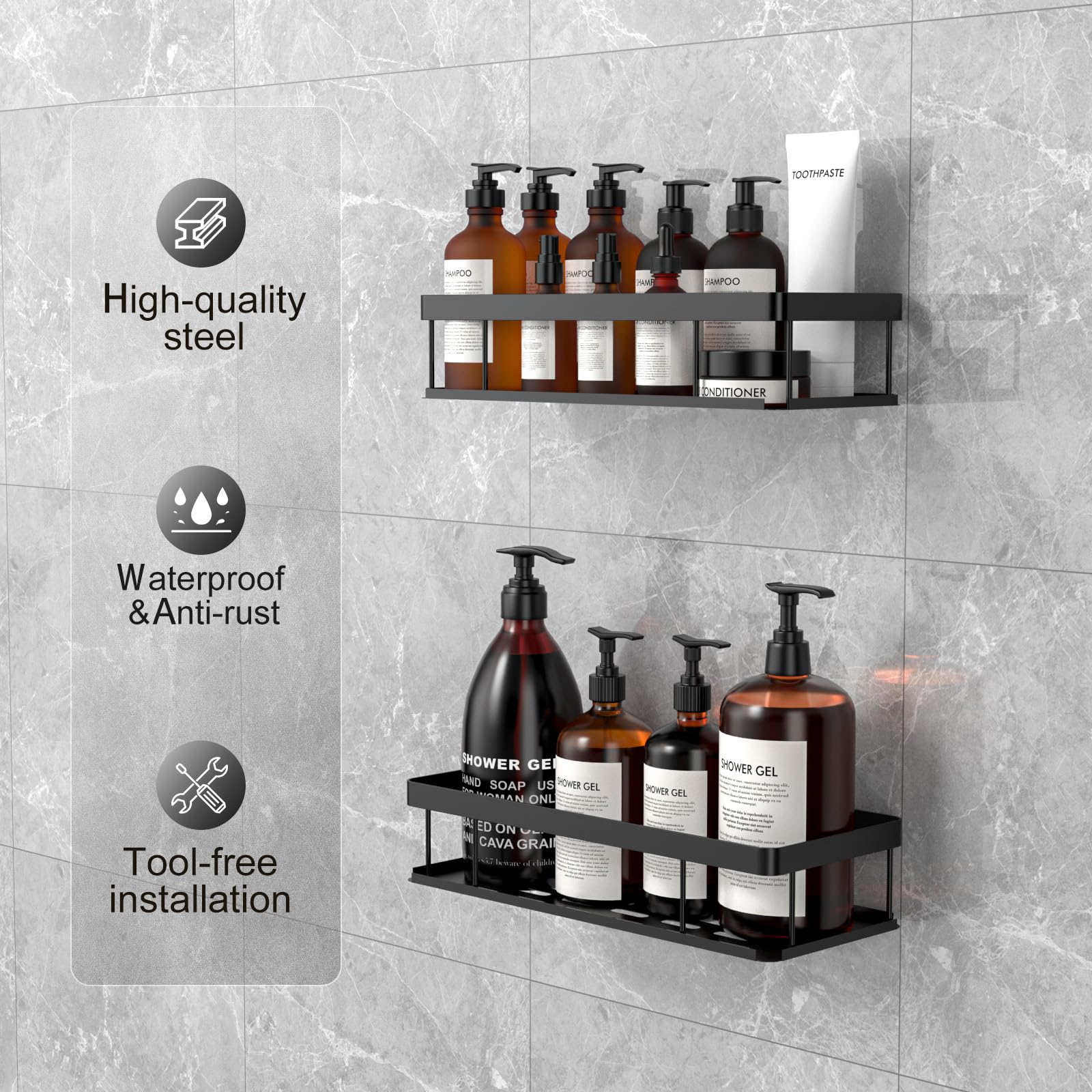 UUlioyer Estanteria Baño, Resistente al Agua y al Oxido, 2 Piezas Estanteria Ducha sin Taladro, Organizador Ducha para Champú y Gel de Baño, Negro (versión básica) — view 3