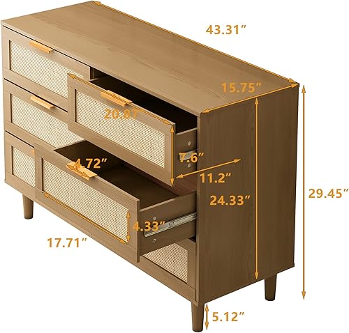 Miniatura 2 de Organizador de 6 cajones para dormitorio, cajón de ratán con mango de metal, armario de almacenamiento de armario, cómoda ancha y cómoda con patas