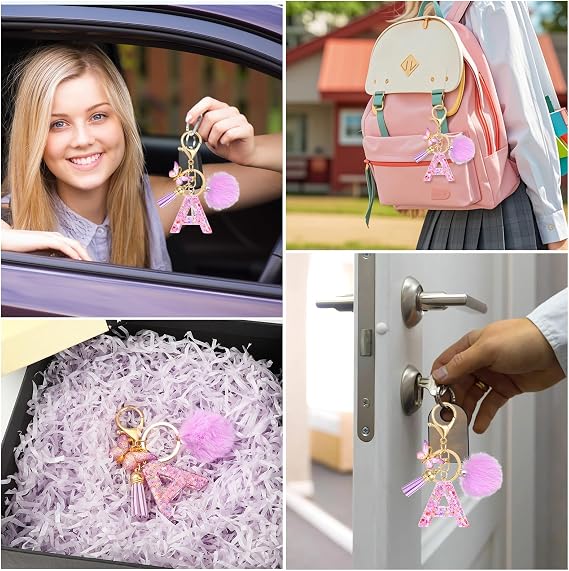 JSRQT Resin Initial Letter Keychain,Fashion Purple Snowflake Sequins Alphabet Key Chains for Girls Women Bag Handbag Charms Decor