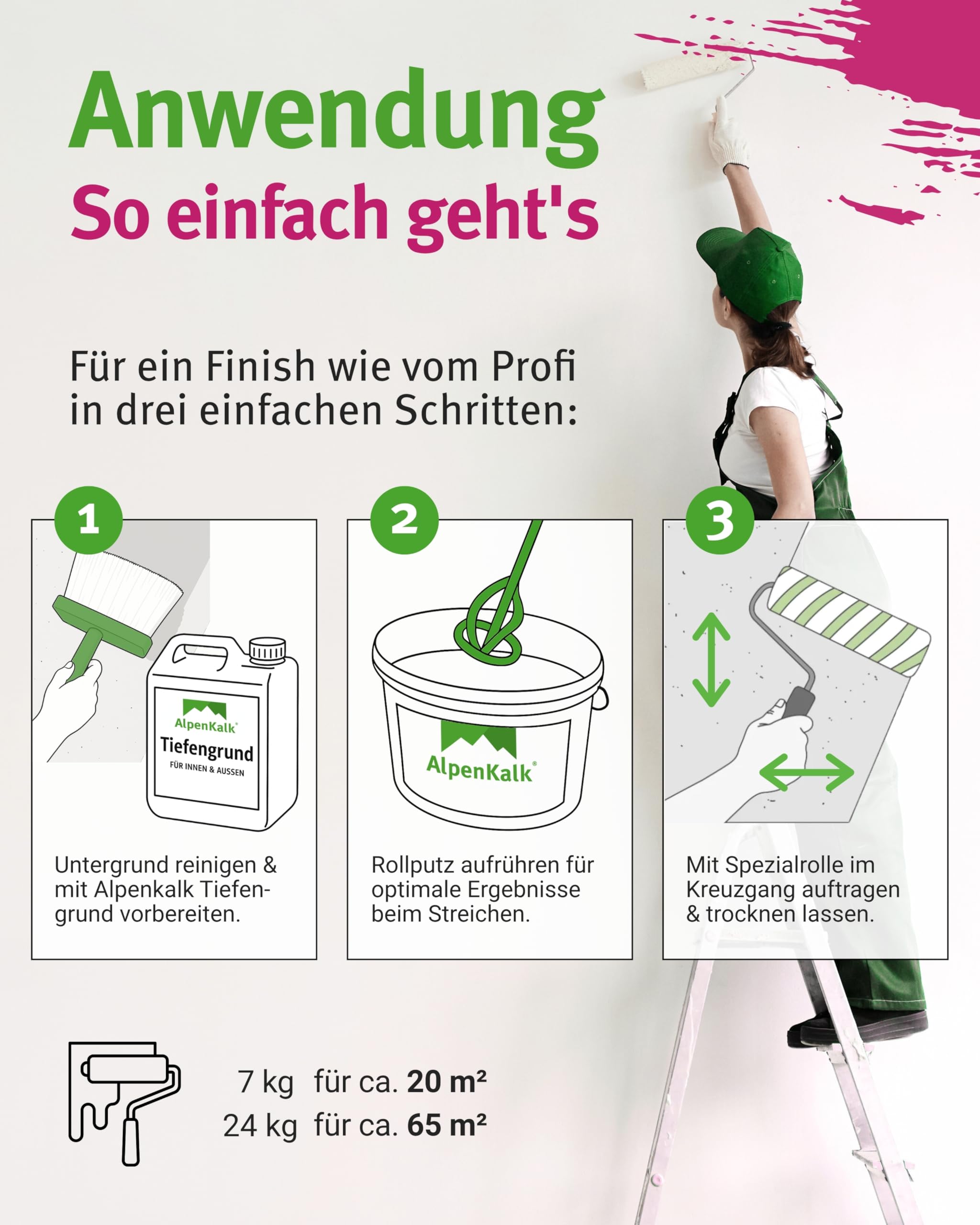 Starter-Set I Feiner Rollputz Innen 7 kg + Tiefengrund 2,5 l für ca. 20m² I 0,5 mm Körnung I Inkl. 18 & 10cm Spezialrollen, 21 x 25cm Abstreifgitter & Quirl I Atmungsaktiv & schimmelhemmend