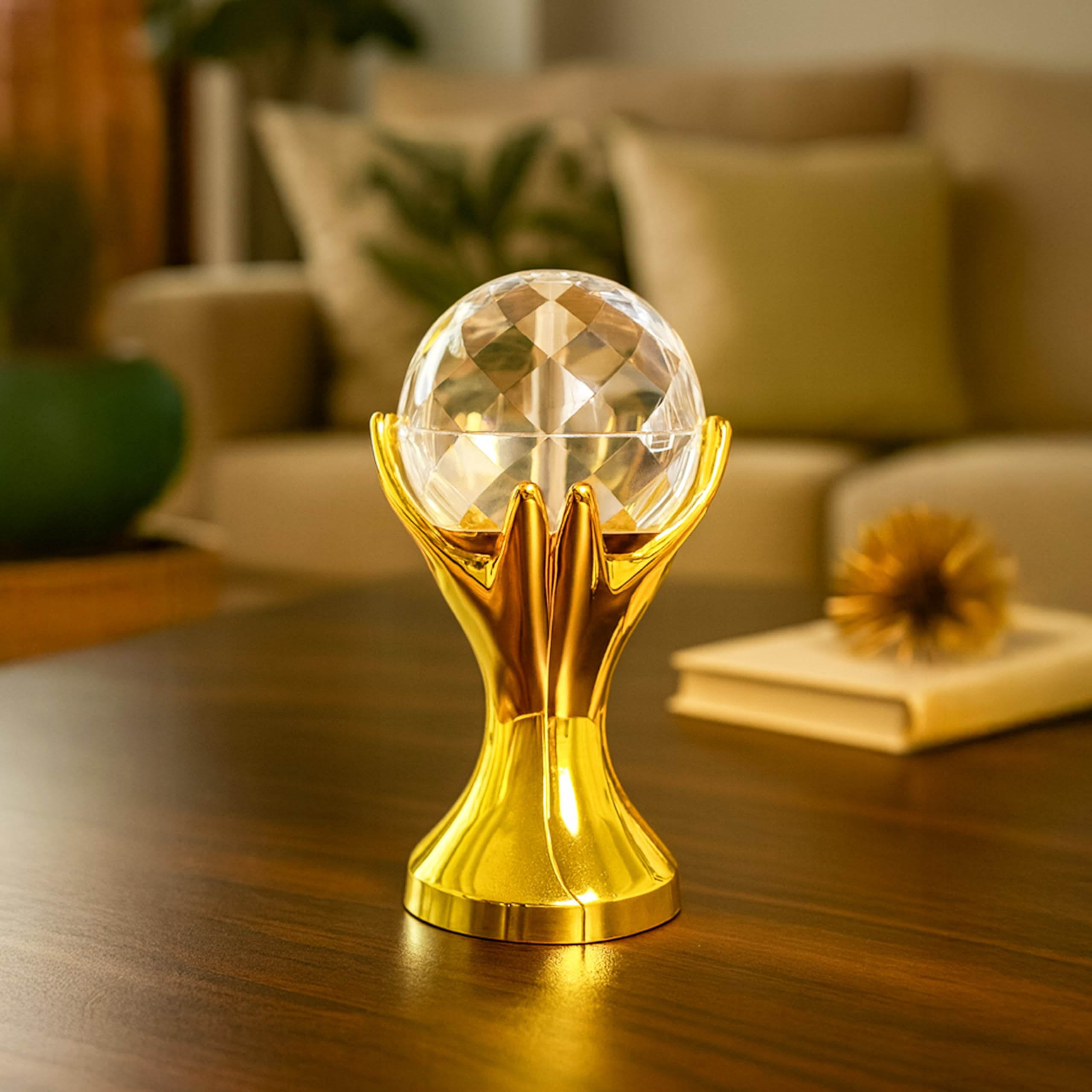 HindCraft Colorful LED Crystal Globe Table Lamp with Golden Handstand + 360° Rotating Disco LED Bulb – Multi-Color Light for Home, Party, Bedroom, Office – Diwali Gift & Décor-image-4