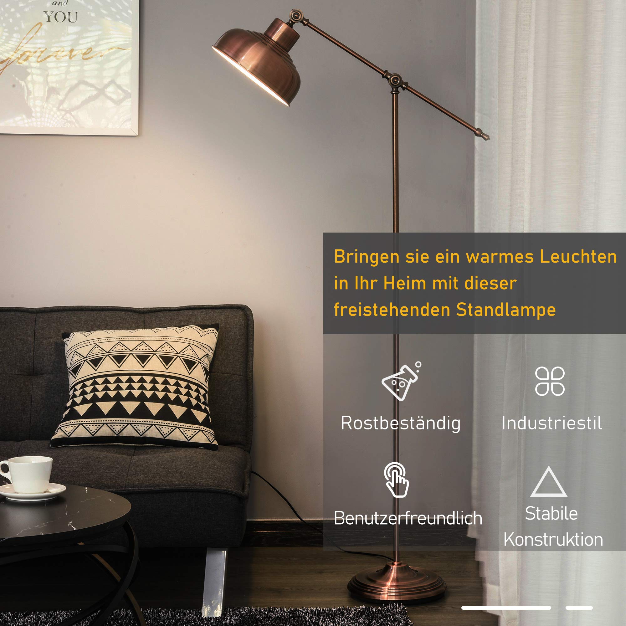 HOMCOM Stehlampe Wohnzimmer Höhenverstellbar Schwenkbar Stehleuchte