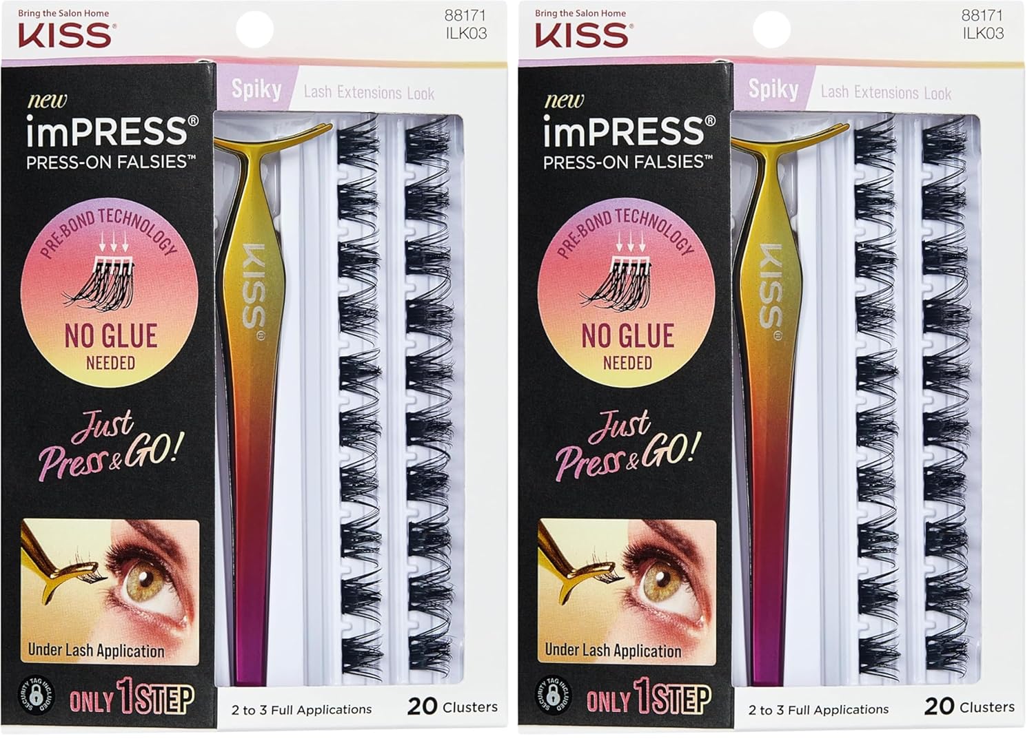 KISS imPRESS Falsies Press On Self Adhesive Eyelashes, 12mm-14mm Glam Volume Press On Lashes, Black, No Glue Needed, Invisible Band, 20 Lash Clusters & Non-Stick Applicator - Spiky (Pack of 2)
