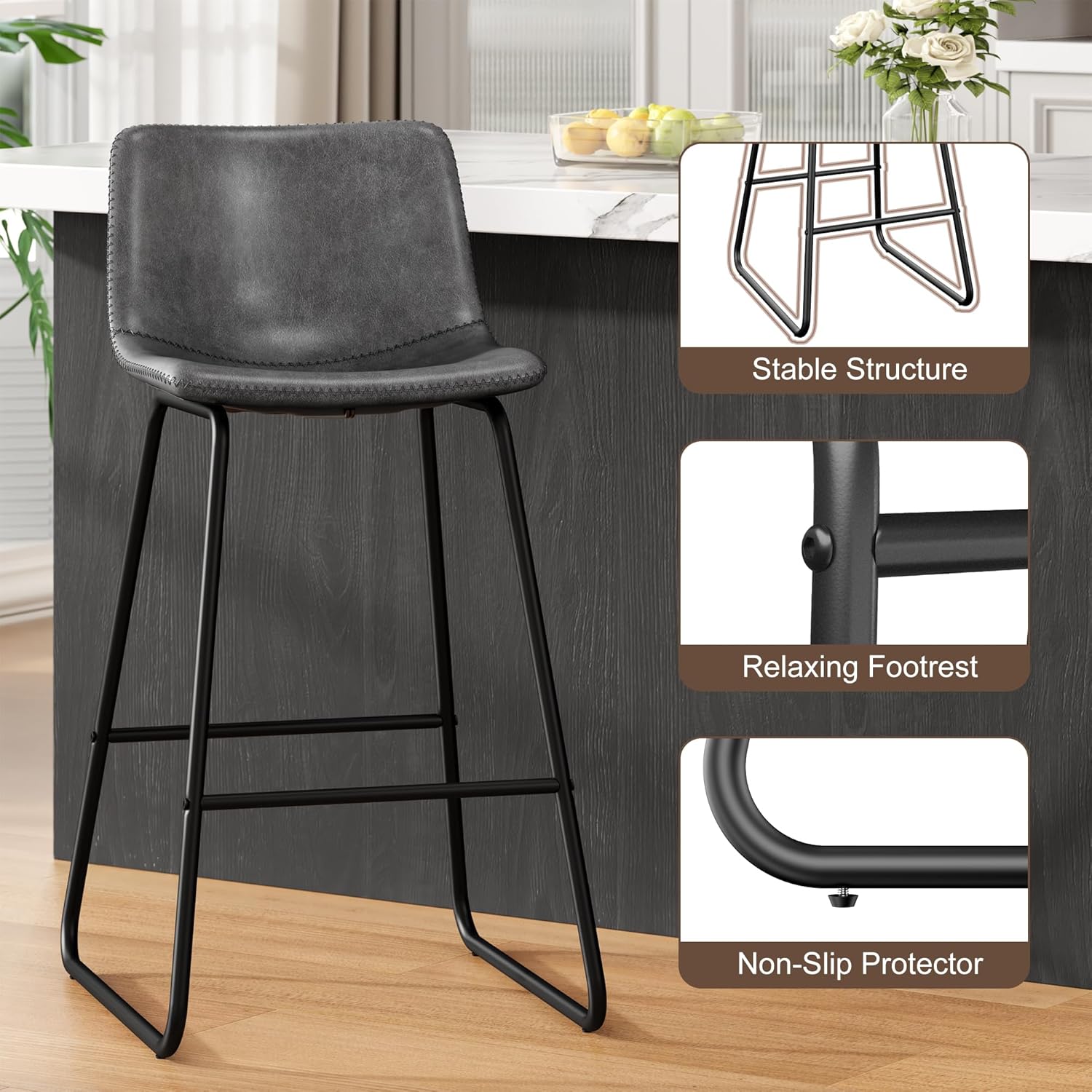 REONEY Bar Stools Set of 3, 26" PU Leather Counter Height Bar Stools, Modern Barstools with Metal Legs and Footrest, Urban Armless Counter Chairs with Backrest for Kitchen Island, Home Bar (Grey)