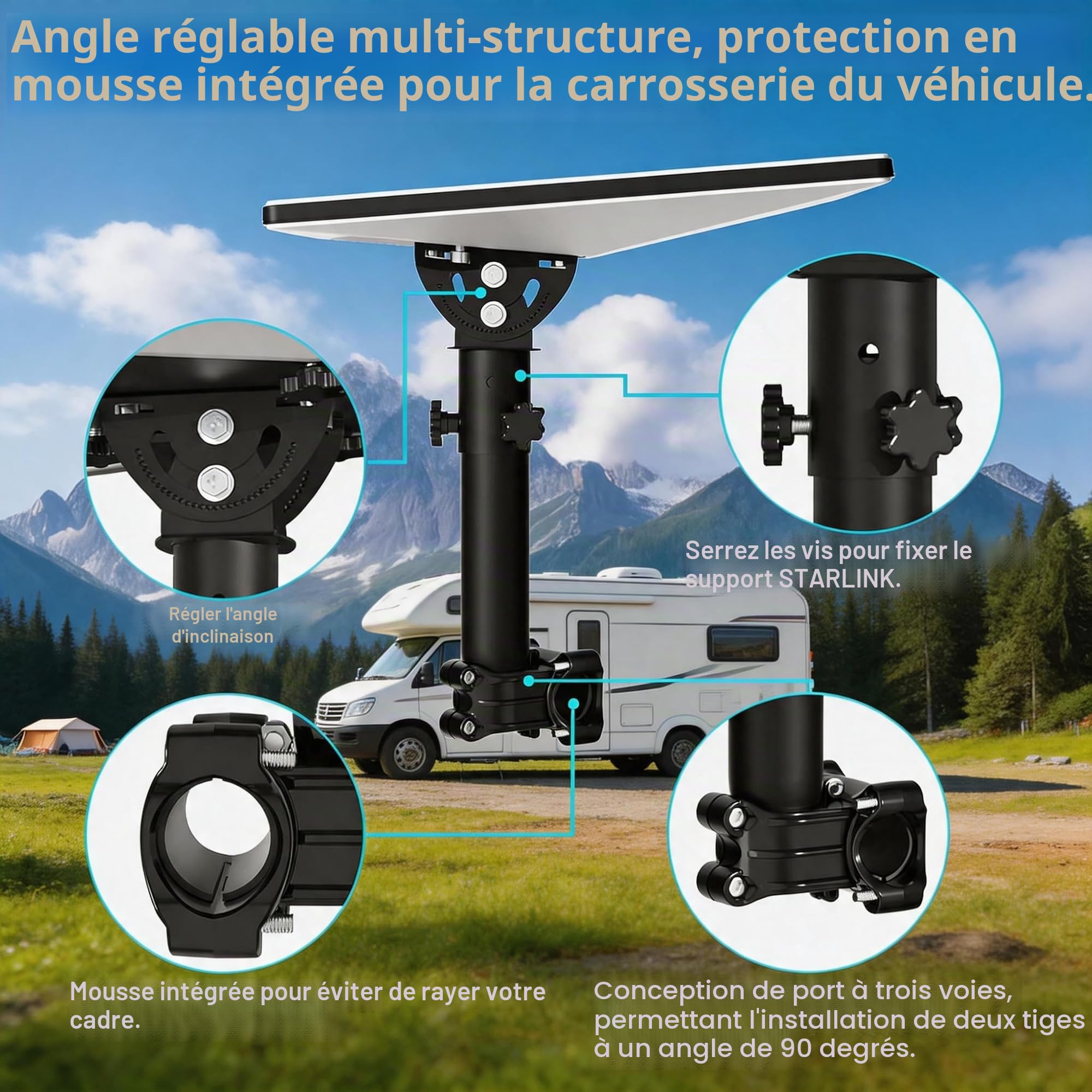 Support Starlink Mini, support de poteau à pince RV, réglable sur 160 degrés, équipé d'un adaptateur de tube Starlink Mini, réglable pour installation sur véhicule, camping-car, échelle et yacht.