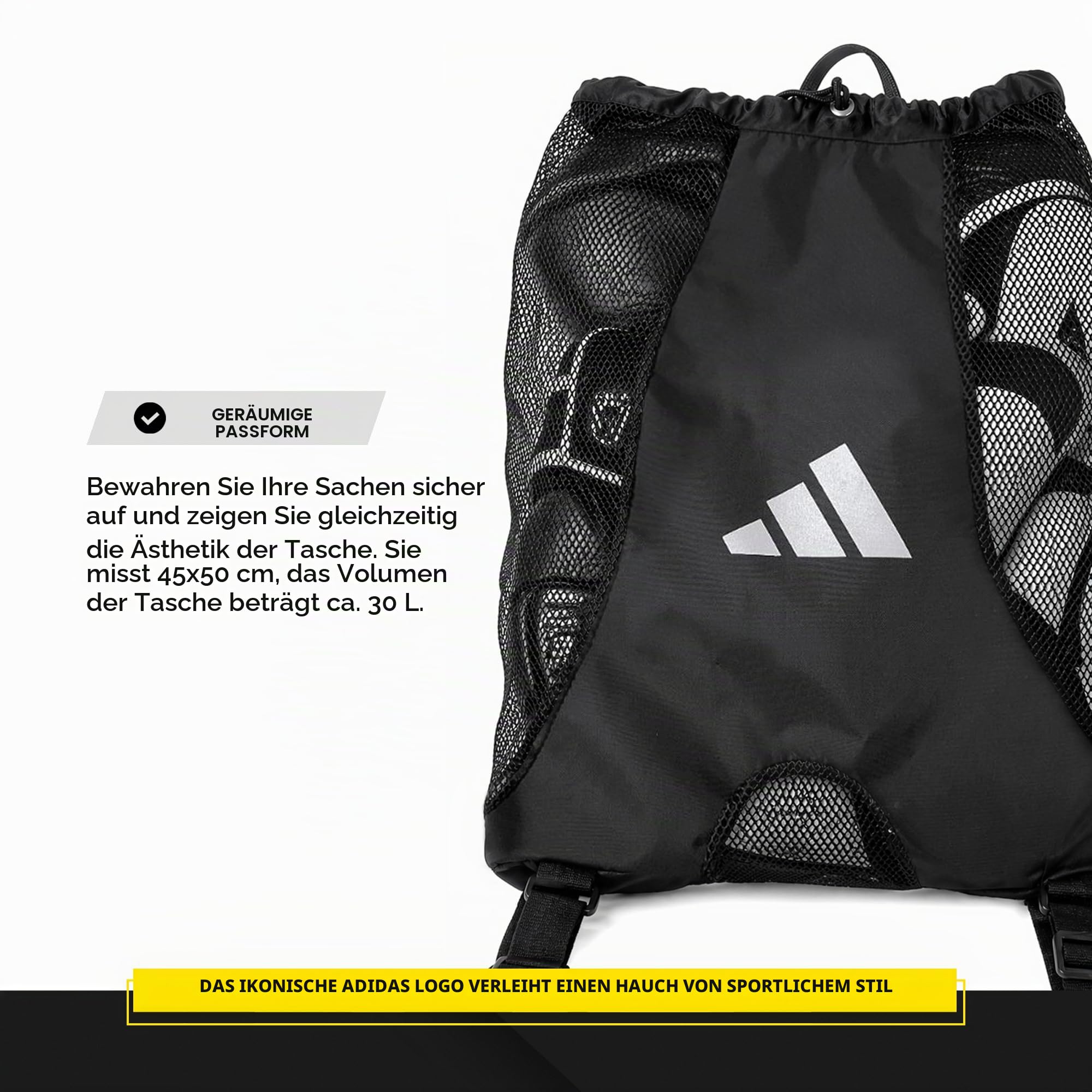 adidas Netz-Rucksack – 30 l schwarze Tasche mit Kordelzug, verstellbarer Riemen, stilvoll und geräumig, geeignet für Boxen, Karate, Judo, Taekwondo, Kickboxen und mehr