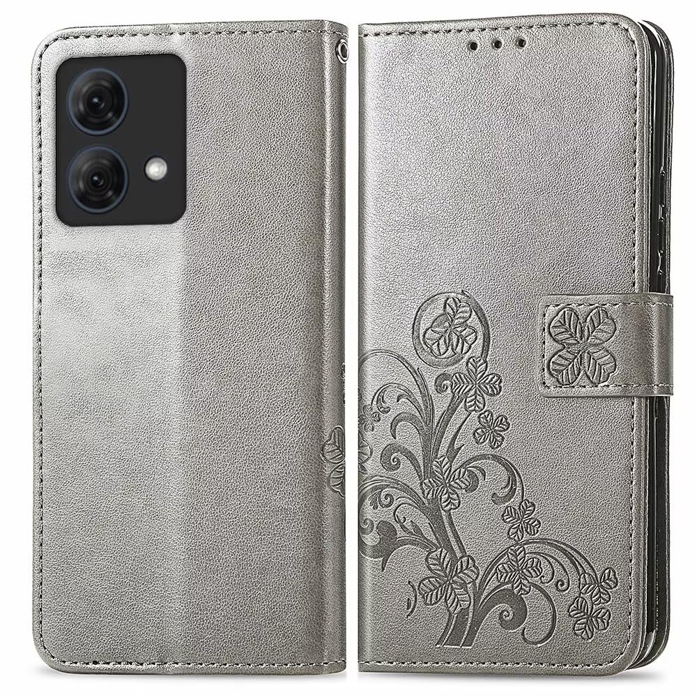 RankOne Skórzane etui do Motorola Moto G84 (6,5" cala), portfel case z 3 przegródkami na karty, 1 przegródka na monety, czterolistna koniczyna wzór - szary