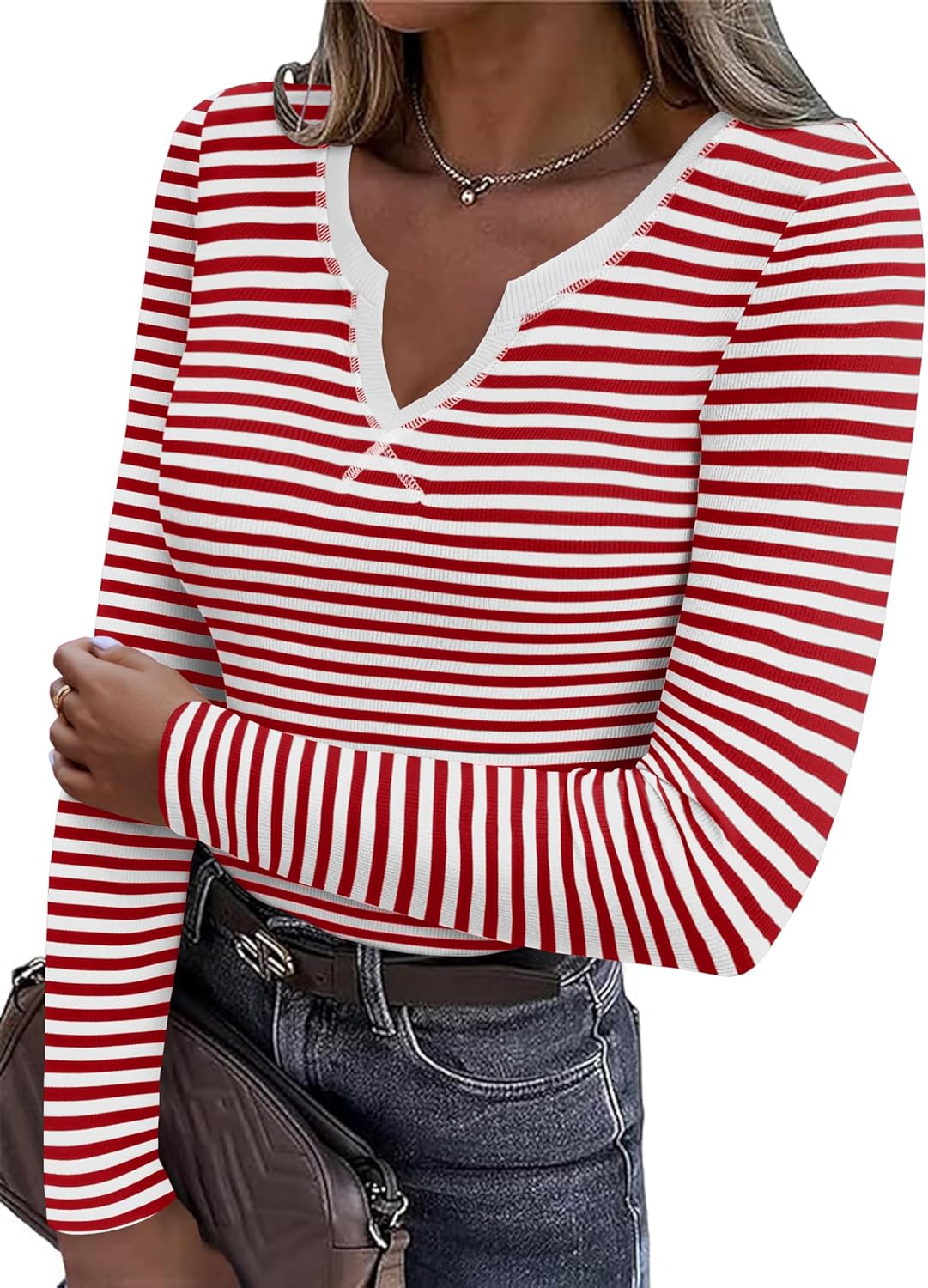 Zeagoo Womens Long Sleeve Shirts V-Neck Rib Knit Slim Fit Tops Casual Stretch Basic Tee Going Out Top Fall Fashion 2025