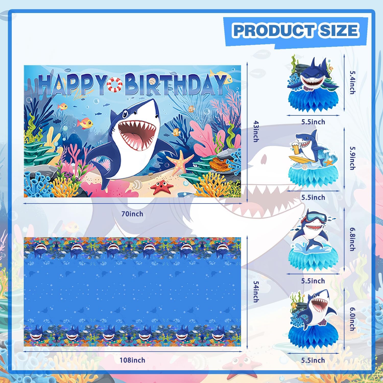 Mpanwen Shark Birthday Party Decorations, 137Pcs Shark Themed Birthday Party Decor Supplies - Backdrop, Sticker, Balloons, Cake Toppers, Tablecloth, Centerpieces, Hanging Swirl, Wall Signs, Bracelets