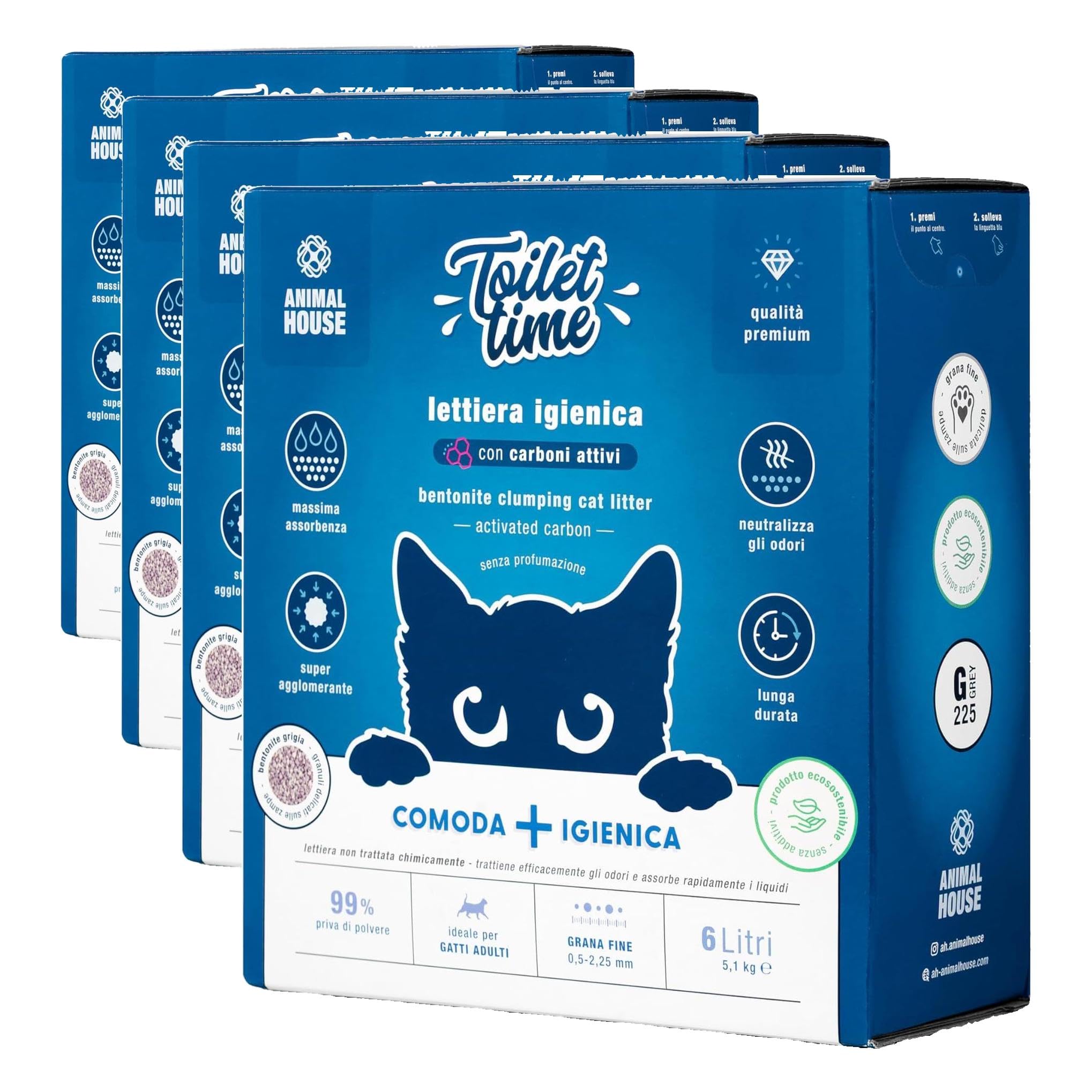 Animal House Toilet Time - Arena de bentonita de carbón Activo para Gatos, antiestática y Segura, Ultra Absorbente, aglutinante, retiene los olores, 5,1 kg (Carbón Activado, 6 L) (Paquete de 4)