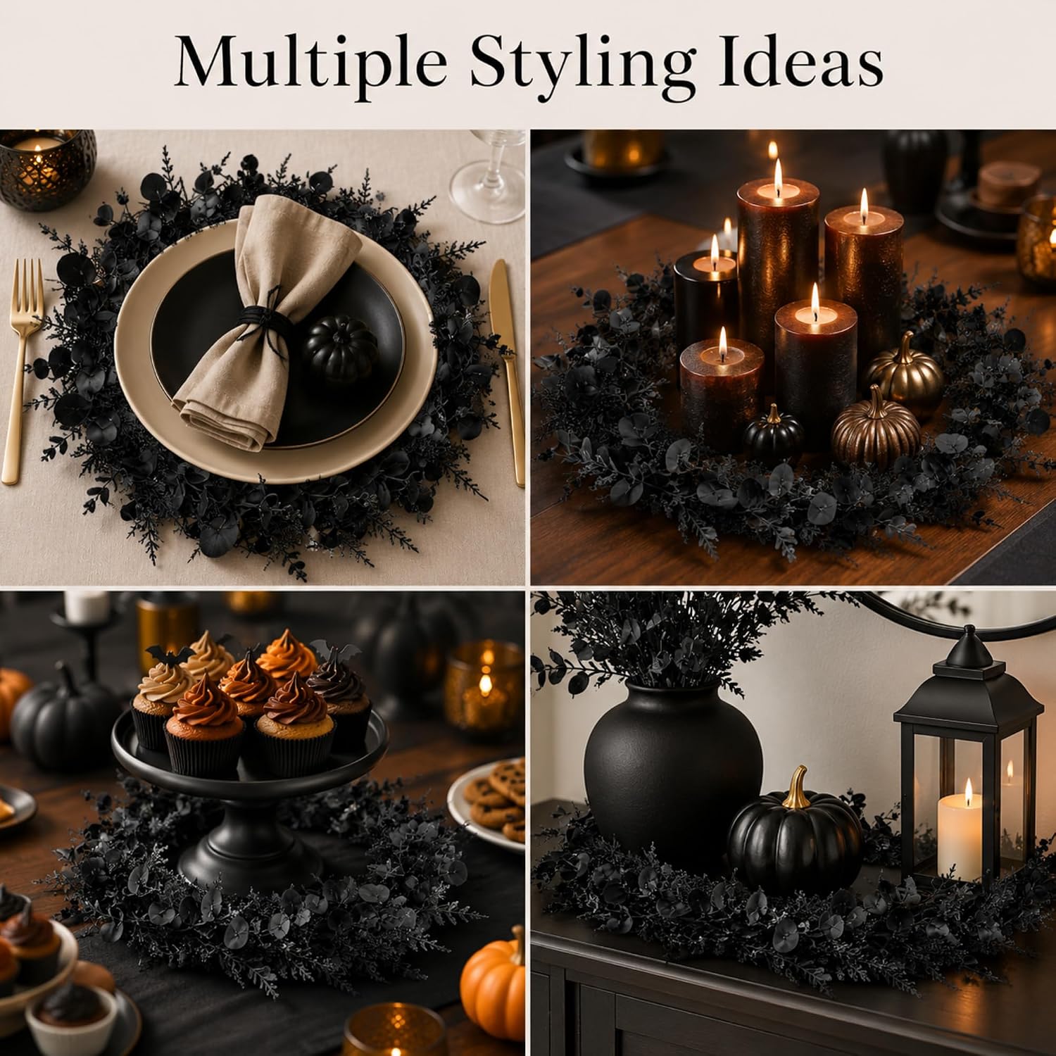 Halloween Placemats Set of 6 Artificial Black Round Wreath Charger