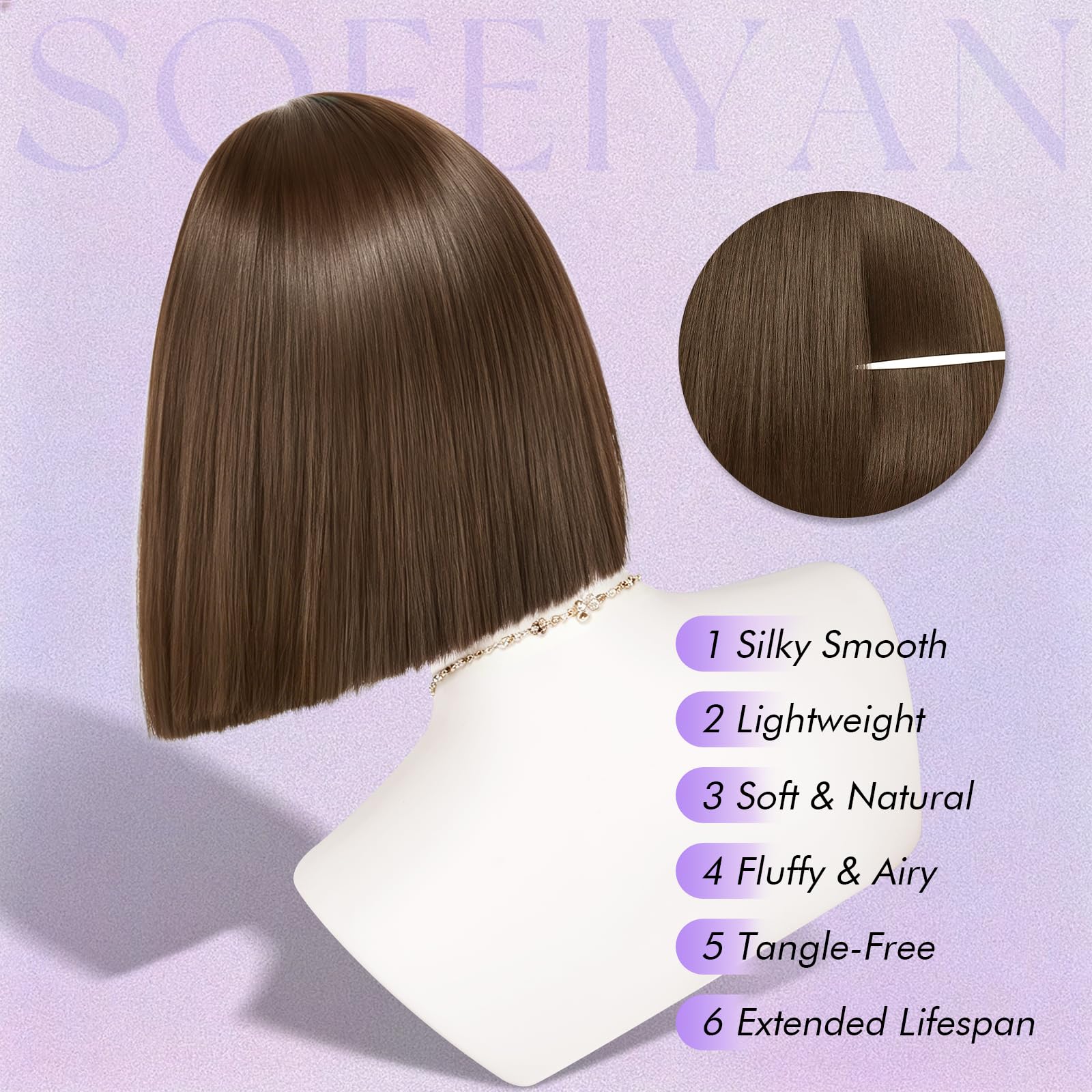 Sofeiyan Peluca con Mucho Volumen,30 cm Pelucas Cabello Natural | Peluca Corta Lisa Bob con Flequillo,Pelucas Sintética para Mujer Diario Fiestas Carnaval Cosplay,Negro con Mechones Rojos