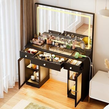 Glass Top Vanity Desk with Mirror and Lights, Crystal Knobs Makeup Vanity with 3 Drawers and Charging Station, Adjustable Lighting Color Dressing Table, Silent Slides, Black