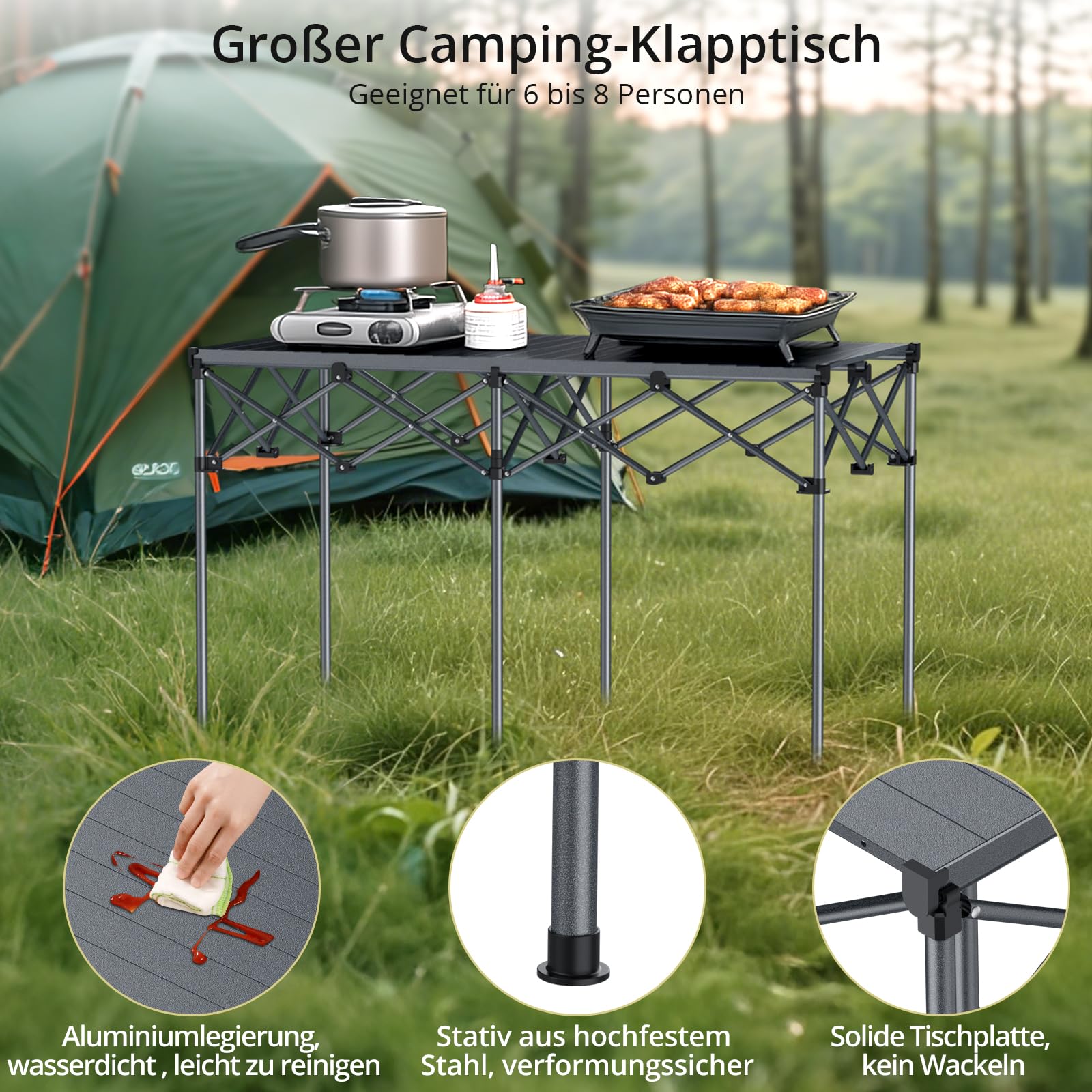Anbte Campingtisch Klappbar bis 120kg Übergröße 122x60x74cm(LxBxH) Alu Rolltisch für 6 bis 8 Personen X-Frame Design Klapptisch mit Tragetasche für Outdoor Balkon Garten Strand Picknick (Schwarz)