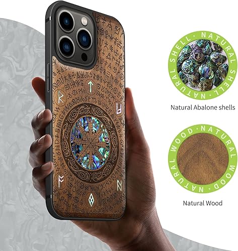 Miniatura 2 de Carveit Funda protectora de madera de diseñador para iPhone 13 Pro, cubierta magnética, grabado de madera e incrustaciones de concha, funda de